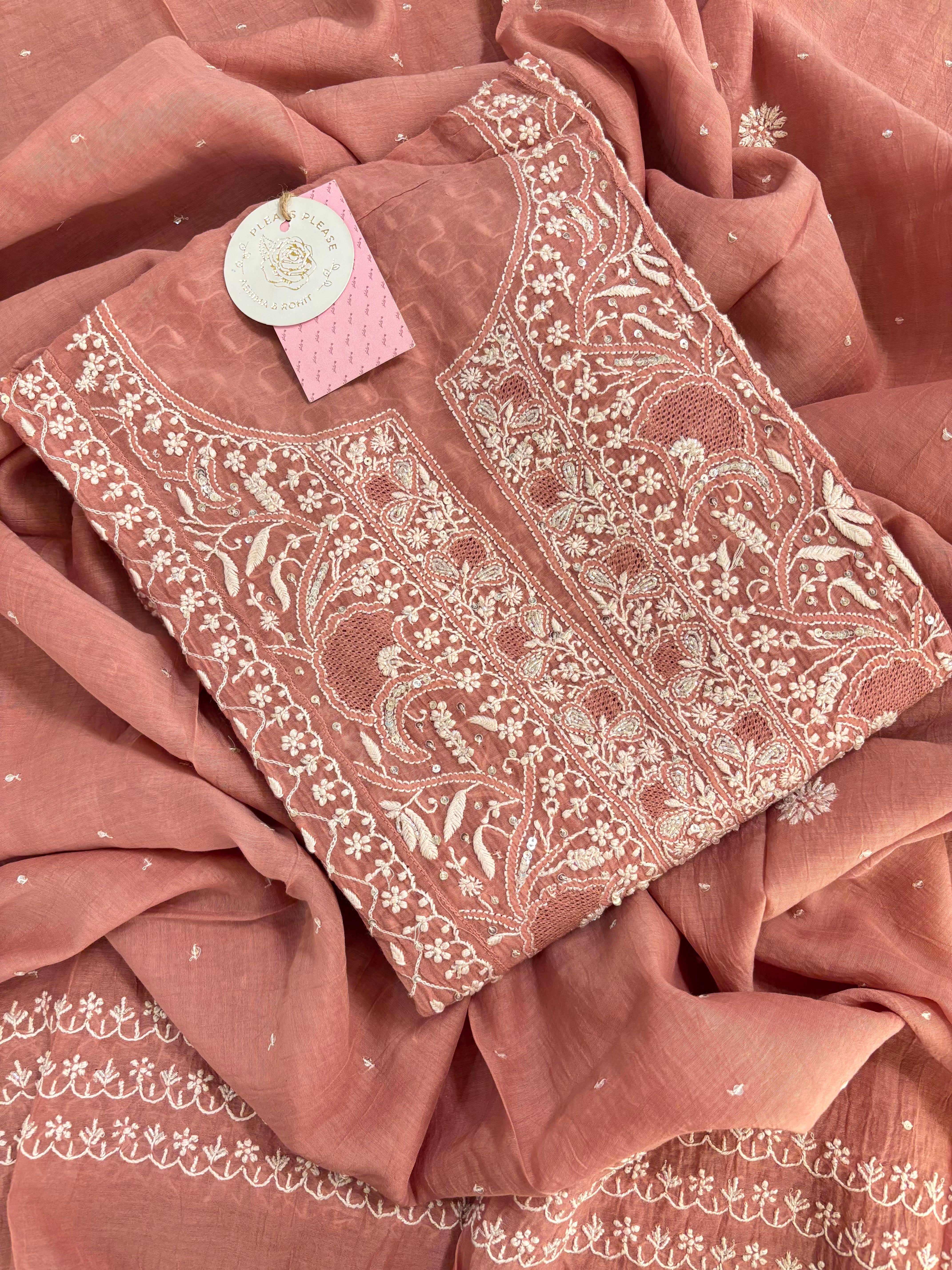 Dusty Rose Chanderi Mul Chikankari Kurta & Dupatta