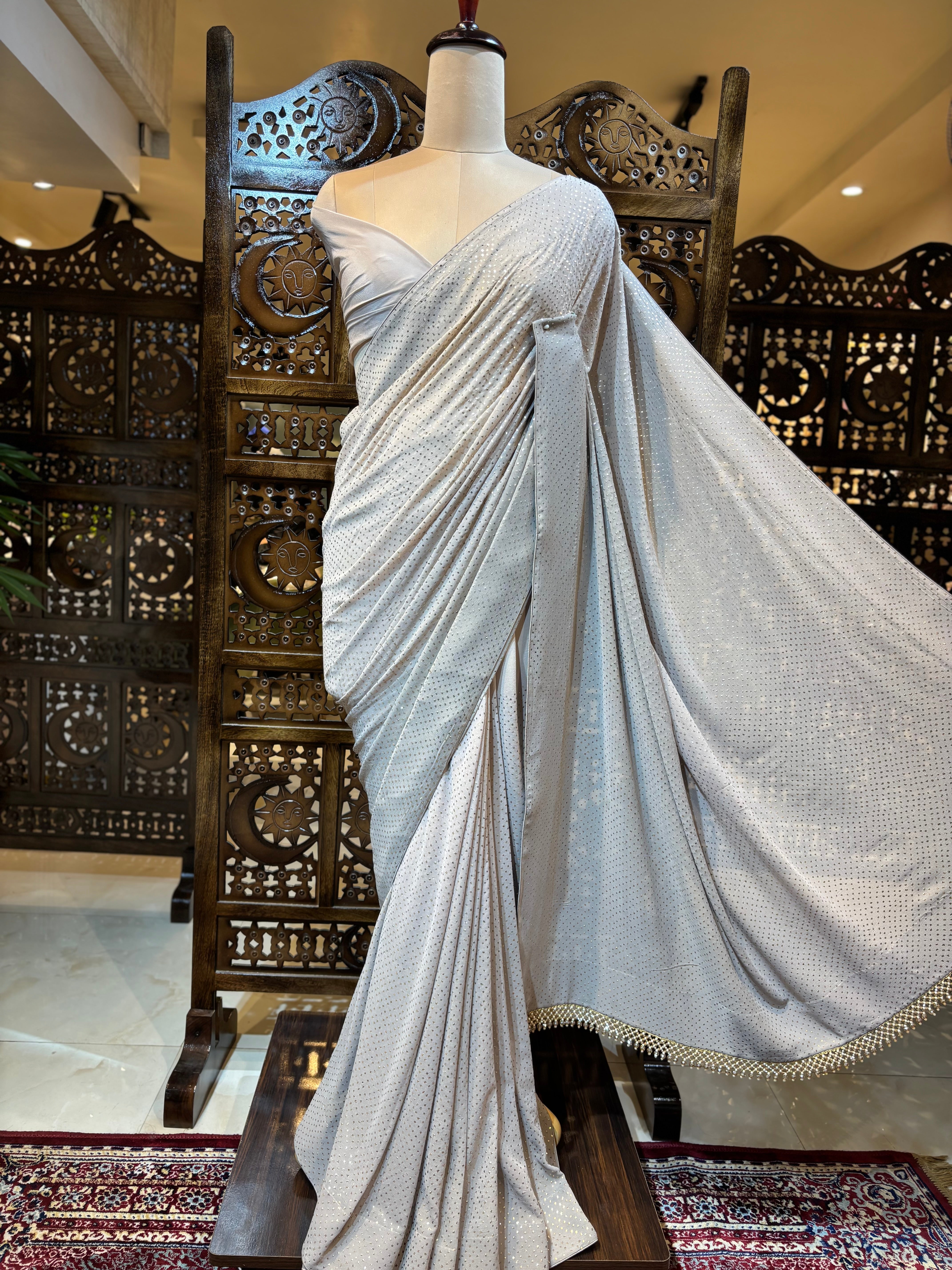 Hazelnut Ombre Pure & Premium Georgette Mukaish Saree & Blouse - Pleats PleaseChikankari