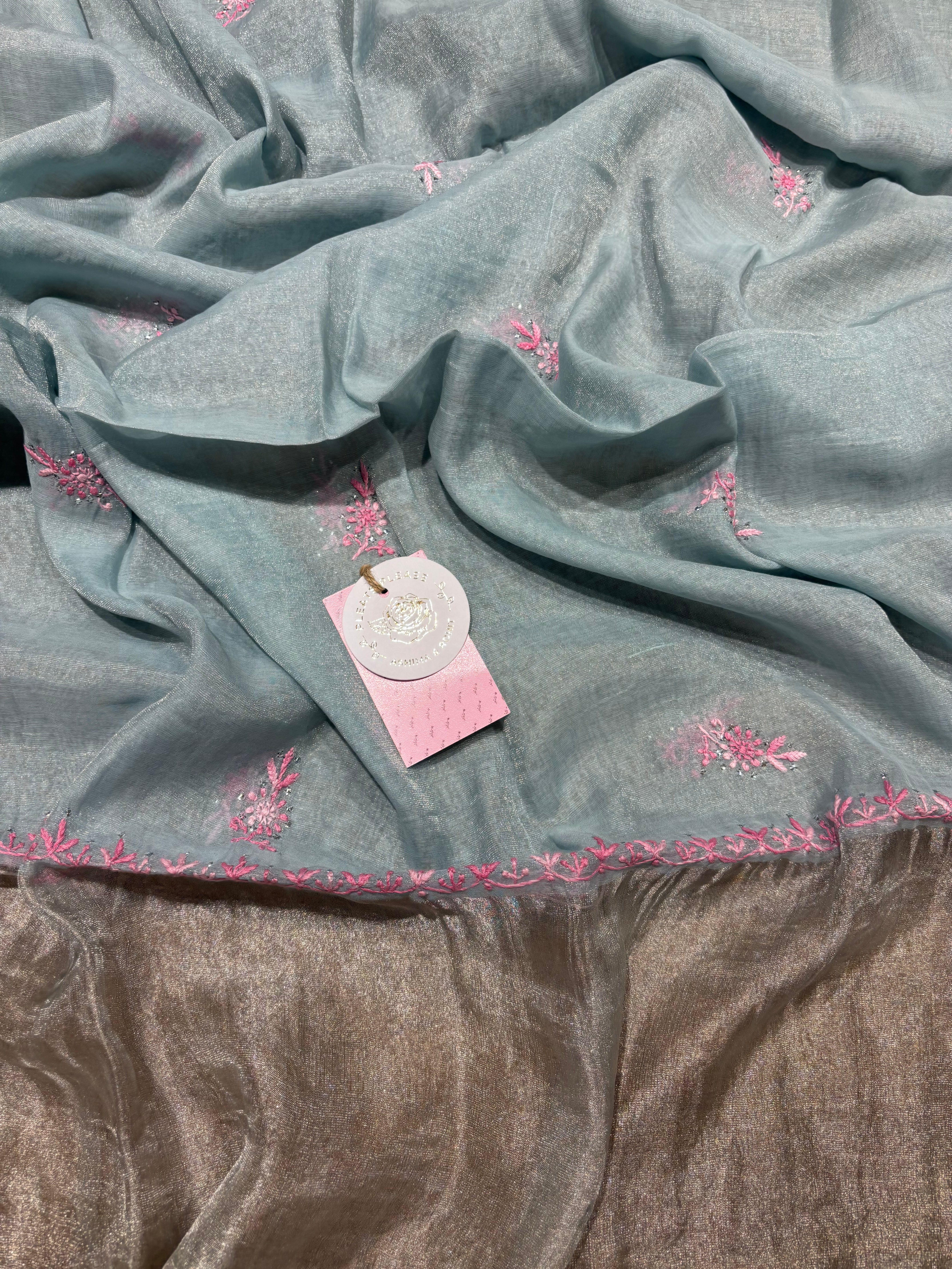 Powder Blue Pure and Premium Tissue Chikankari &Mukaish Angrakha Kurta and Dupatta Set