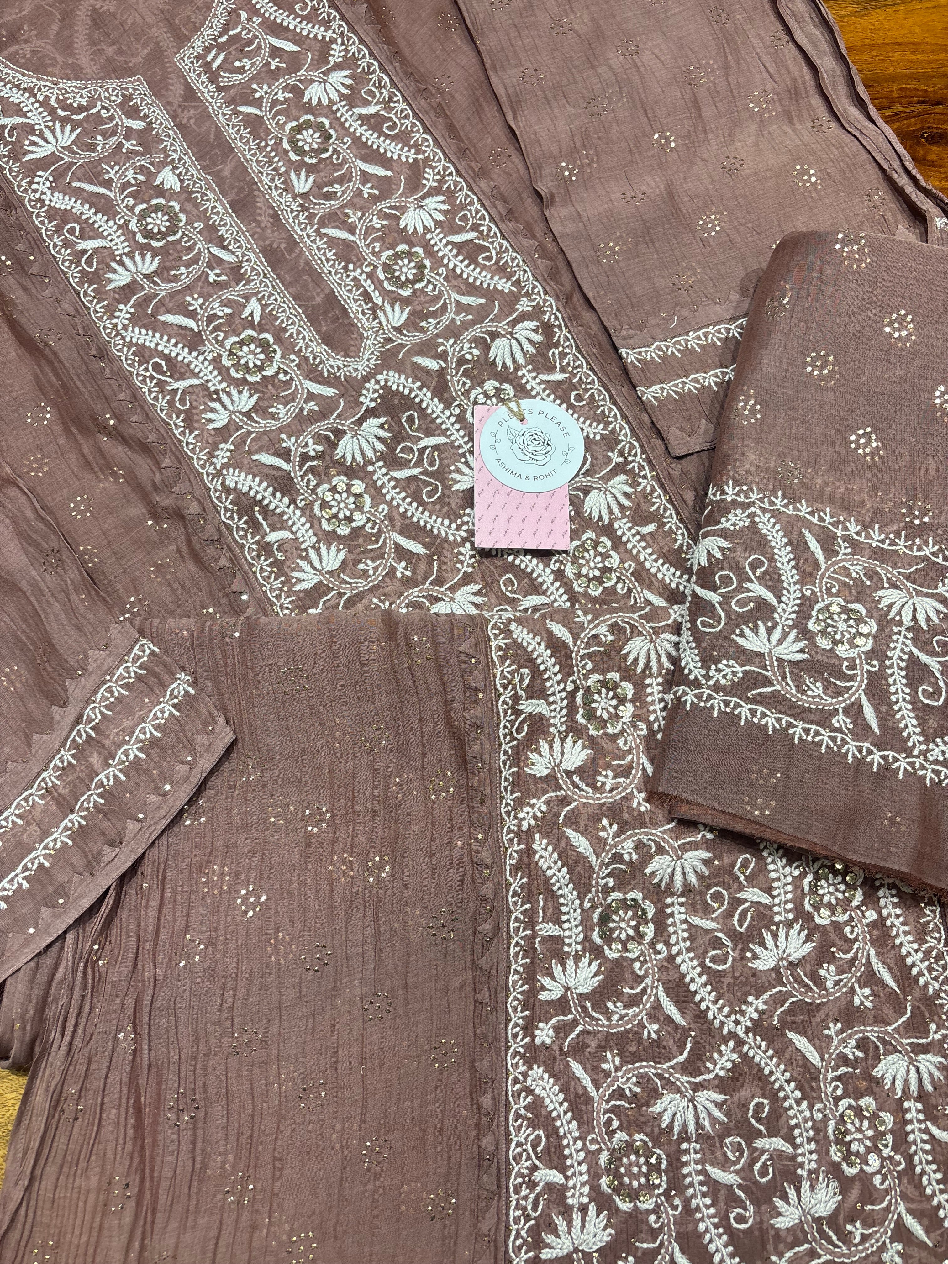 Rosewood Chanderi Mul Chikankari Kurta & Dupatta Set