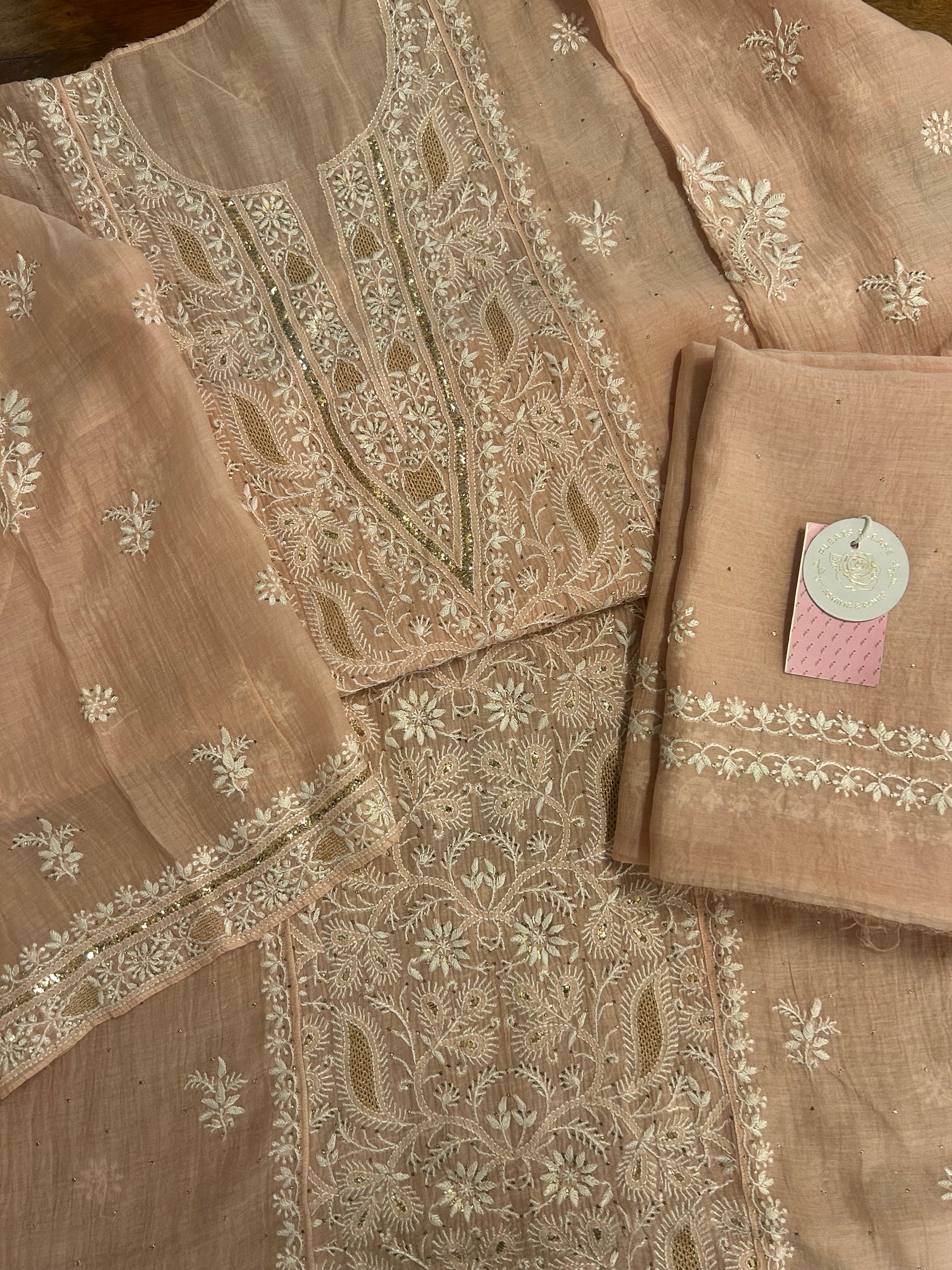 Dusty peach Chanderi Chikankari Mukaish Kurta & Dupatta - Pleats PleaseChikankari