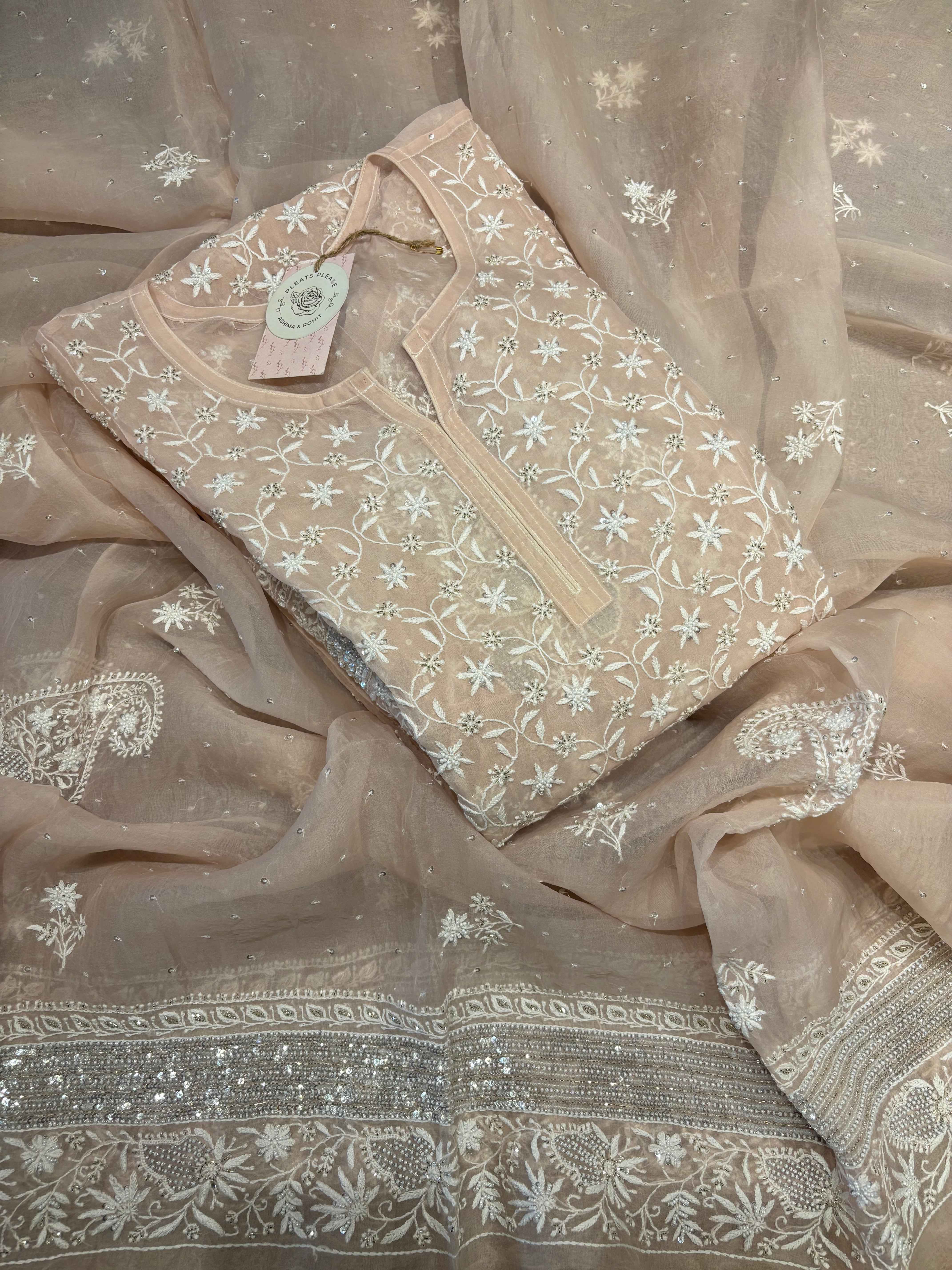 Peach Dust Pure And Premium Organza Anarkali And Dupatta Set - Pleats PleaseChikankari