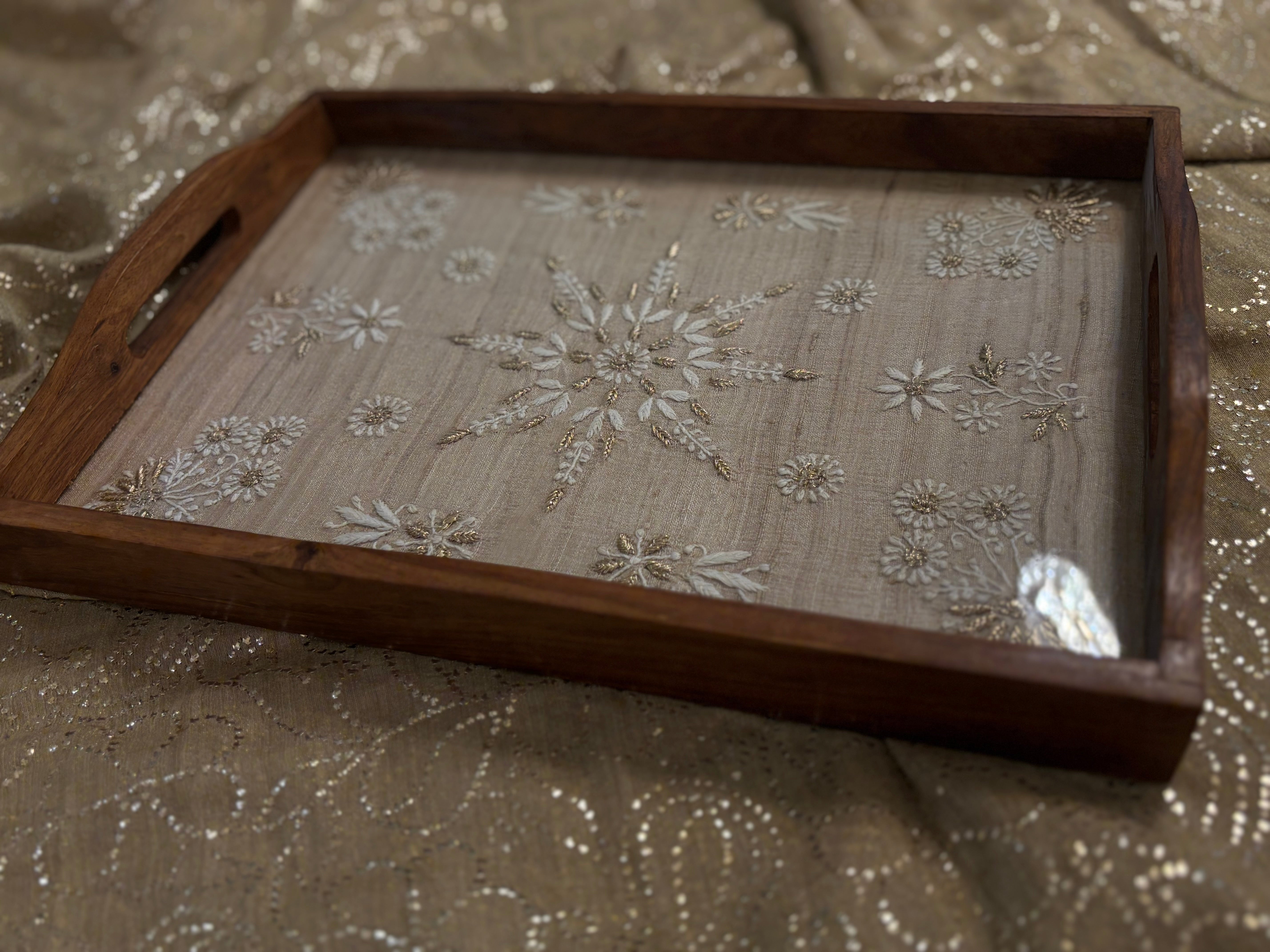 Fawn Silk Rectangle Chikankari Wooden Tray