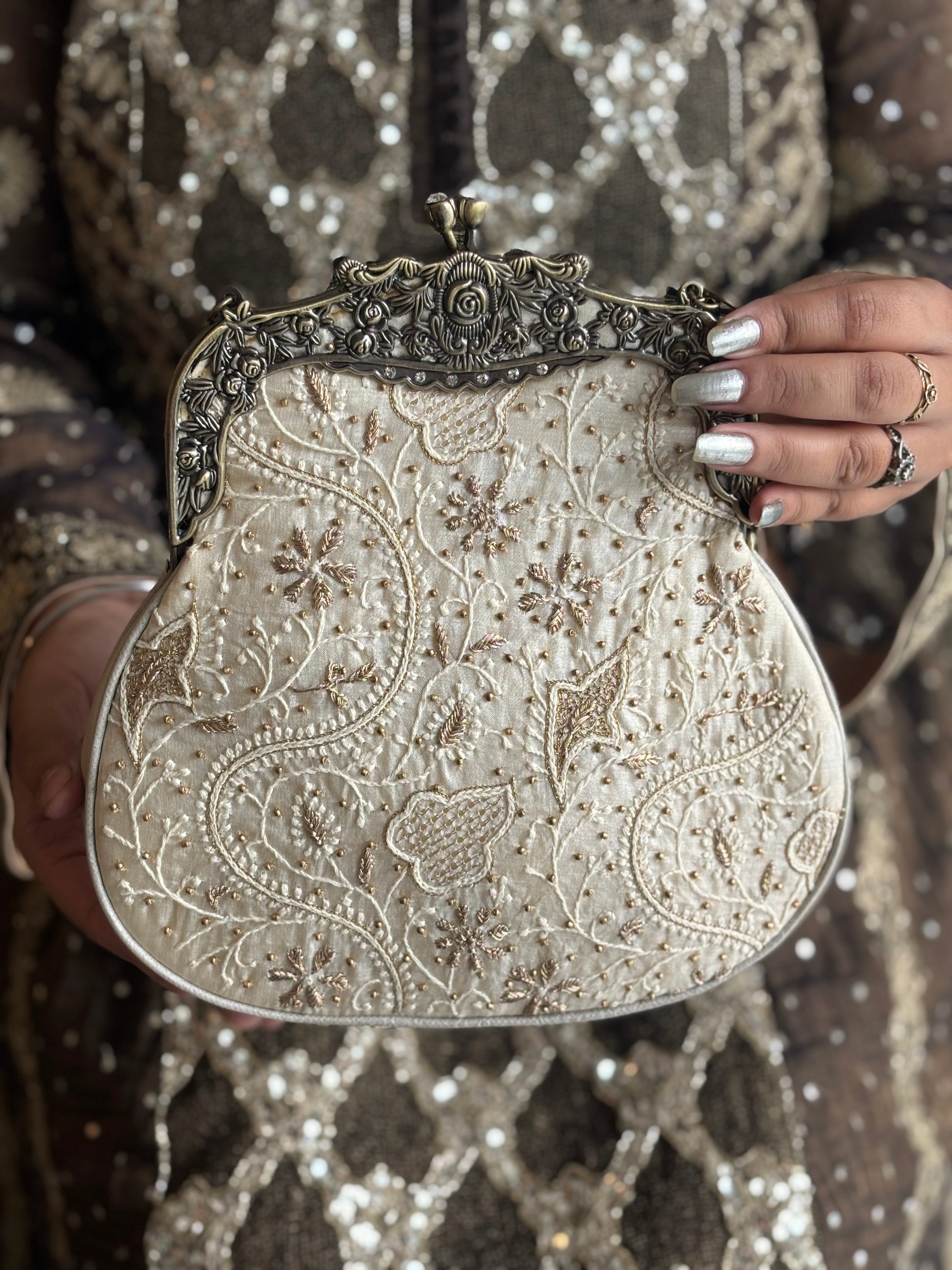 Ivory Silk Chikankari Clutch