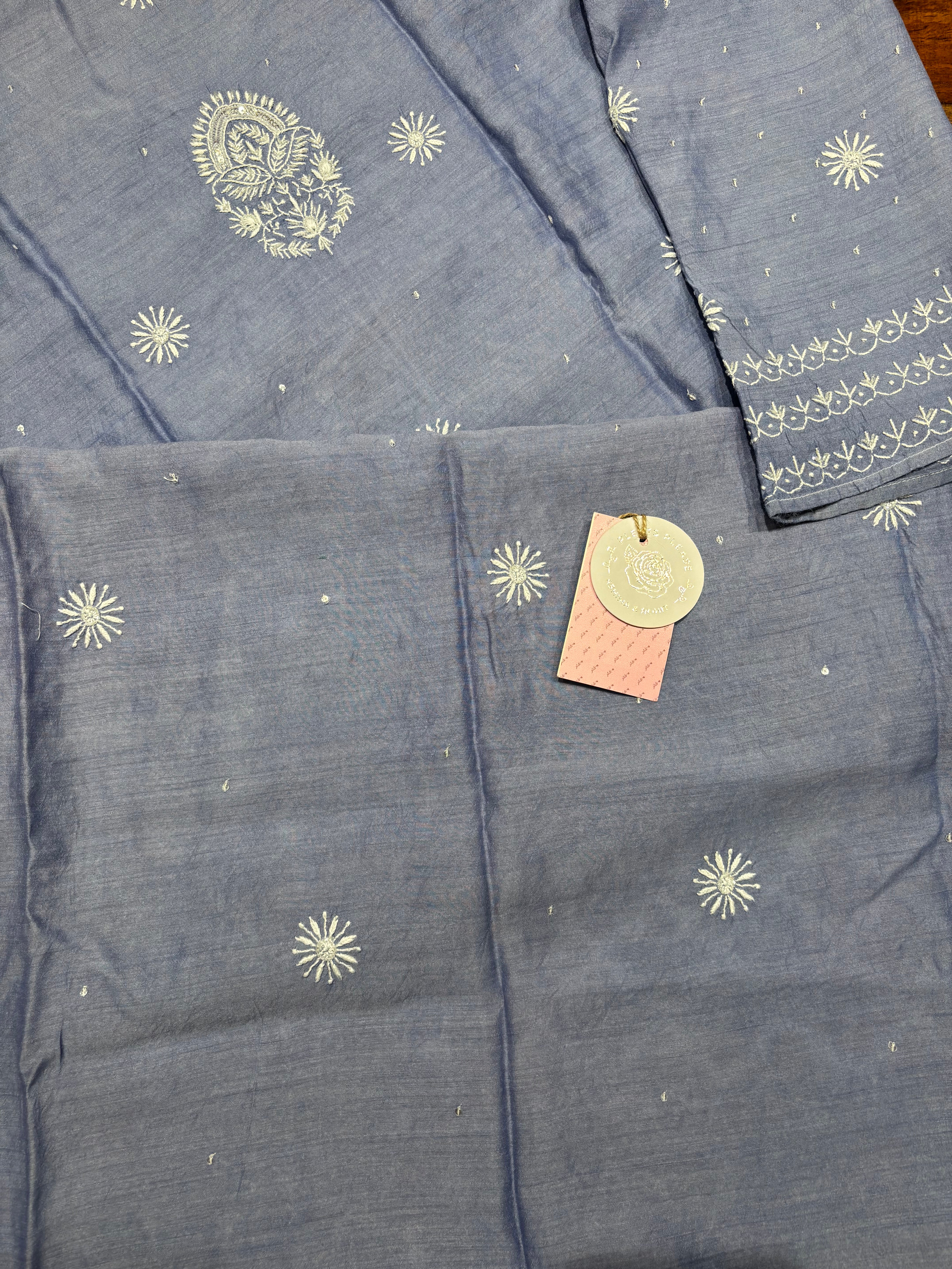 Blue pure Monga Silk Chikankari Kurta and Dupatta Set