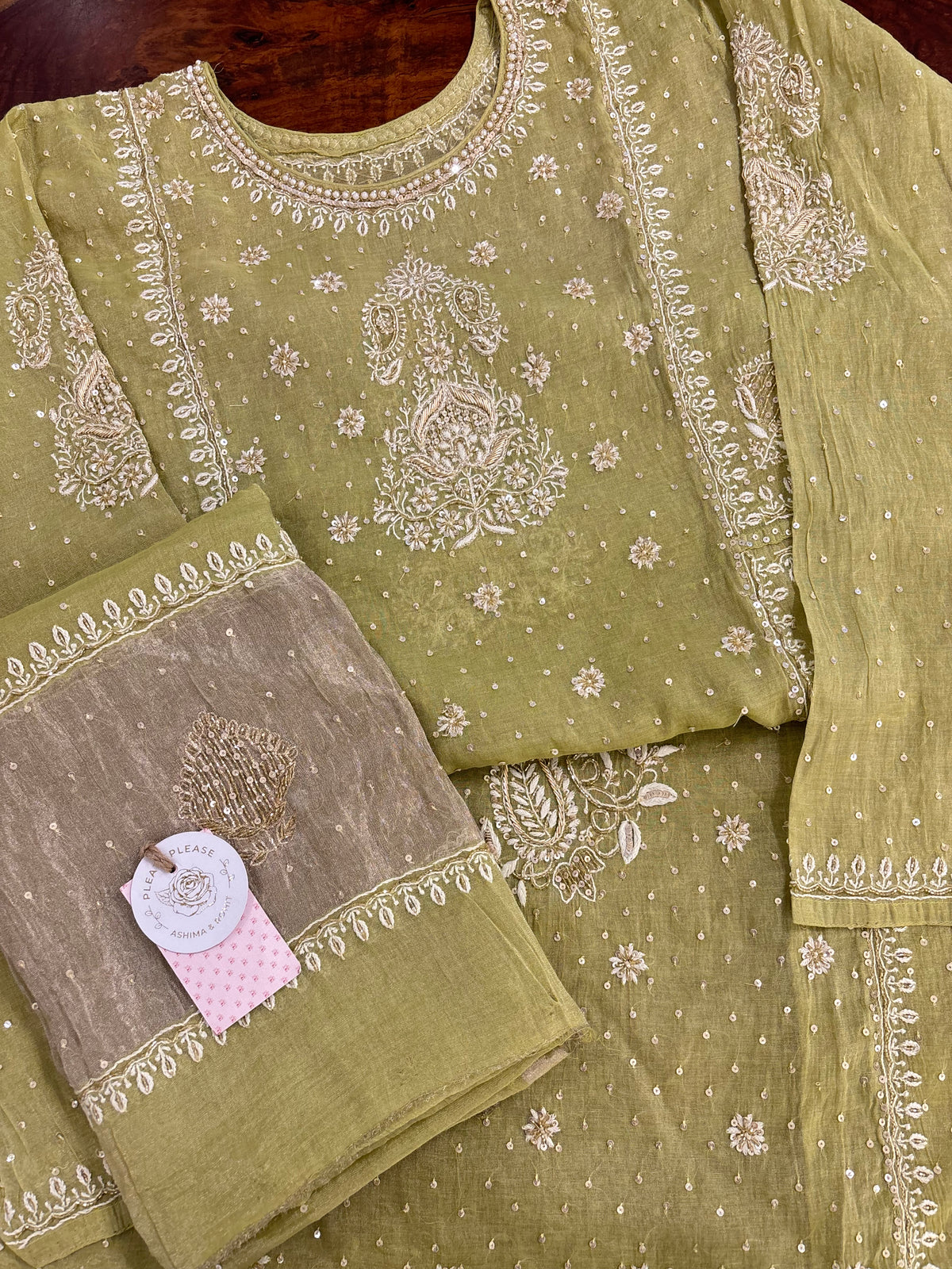 Warm Green Pure & Premium Tissue Pearl Neckline Chikankari Kurta & Dupatta
