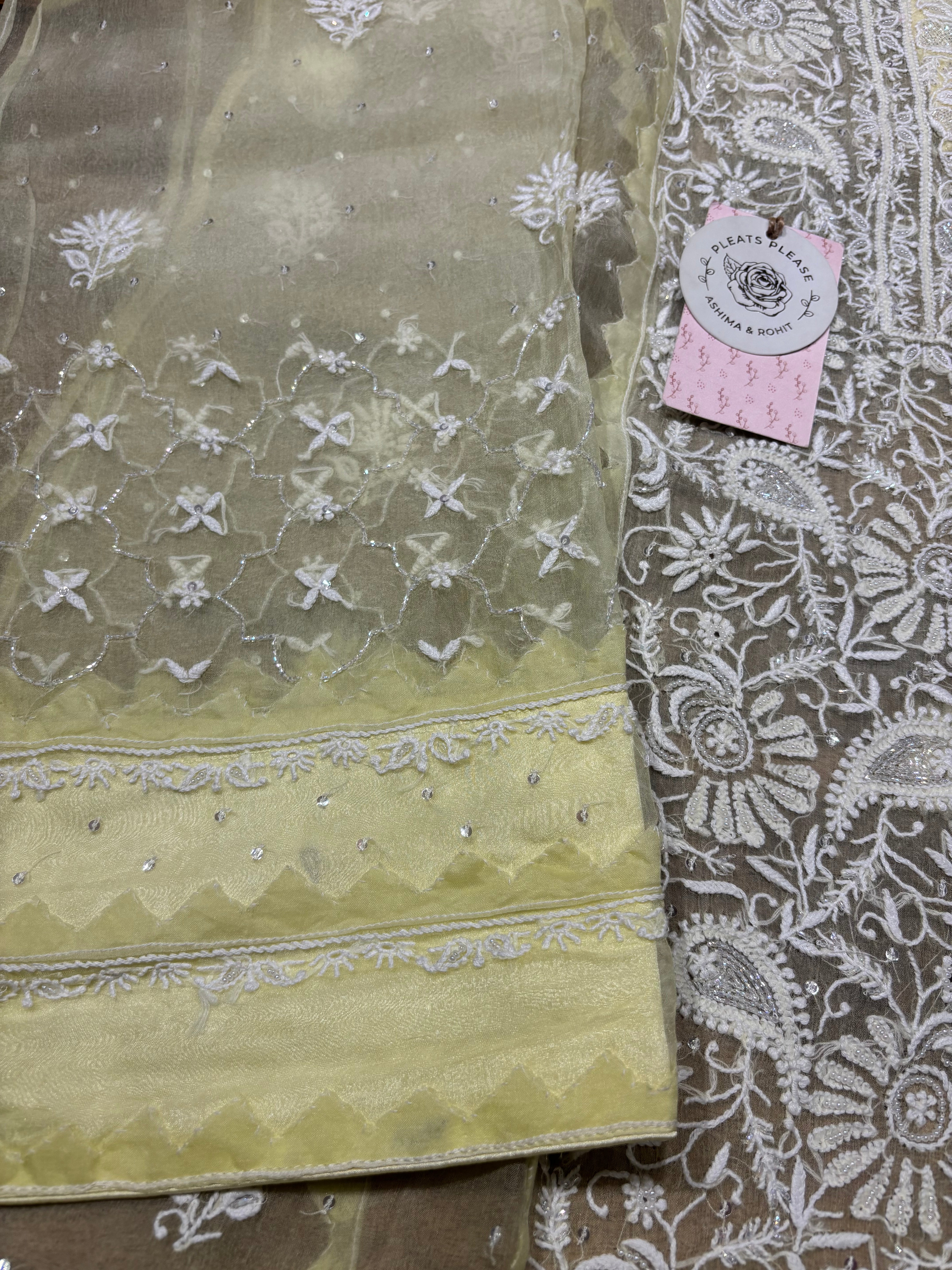 Lime Yellow Pure And Premium Organza Silk Chikankari Kurta And Dupatta Set