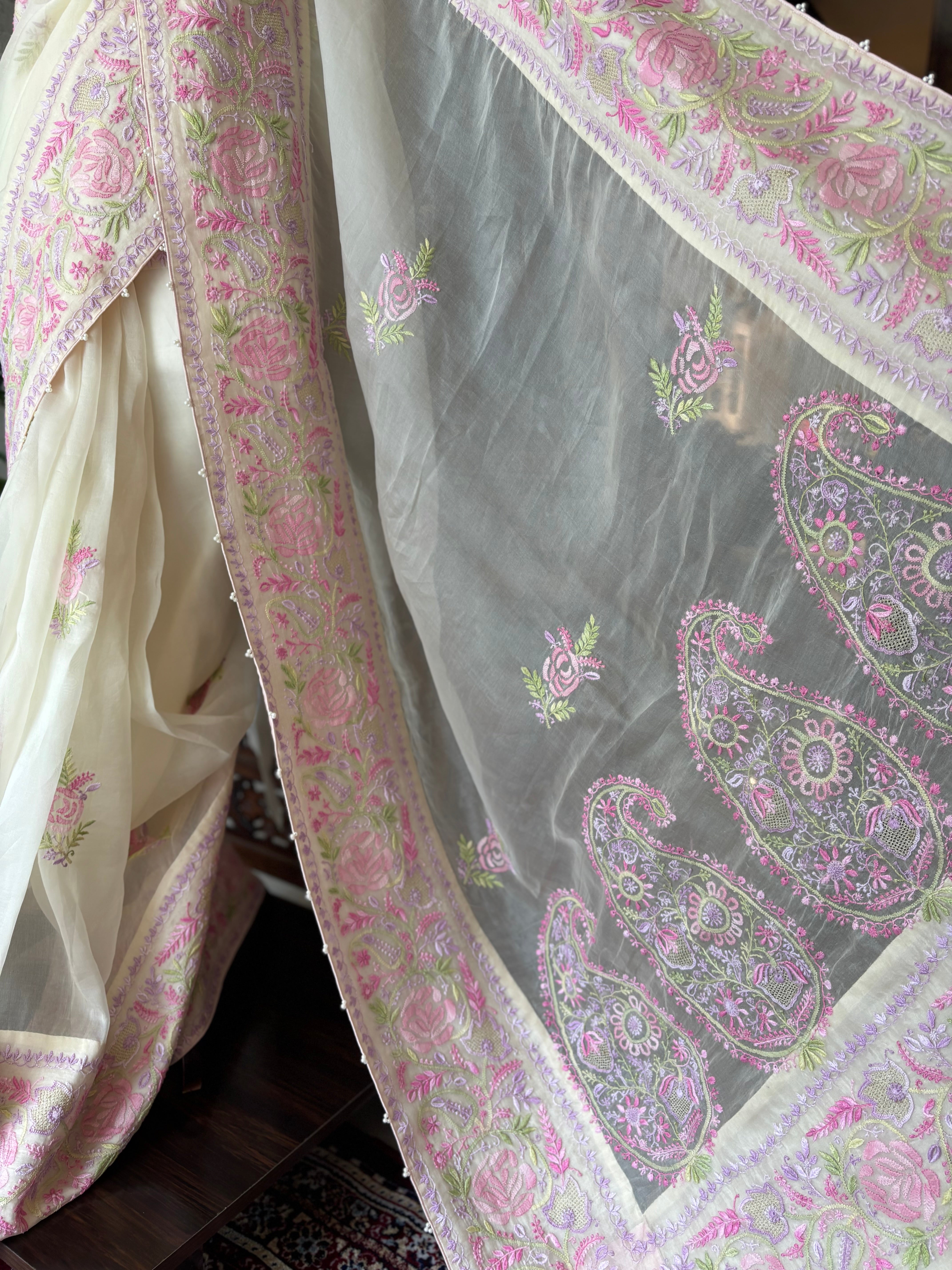 Lime Yellow Organza Silk Chikankari Saree and Blouse