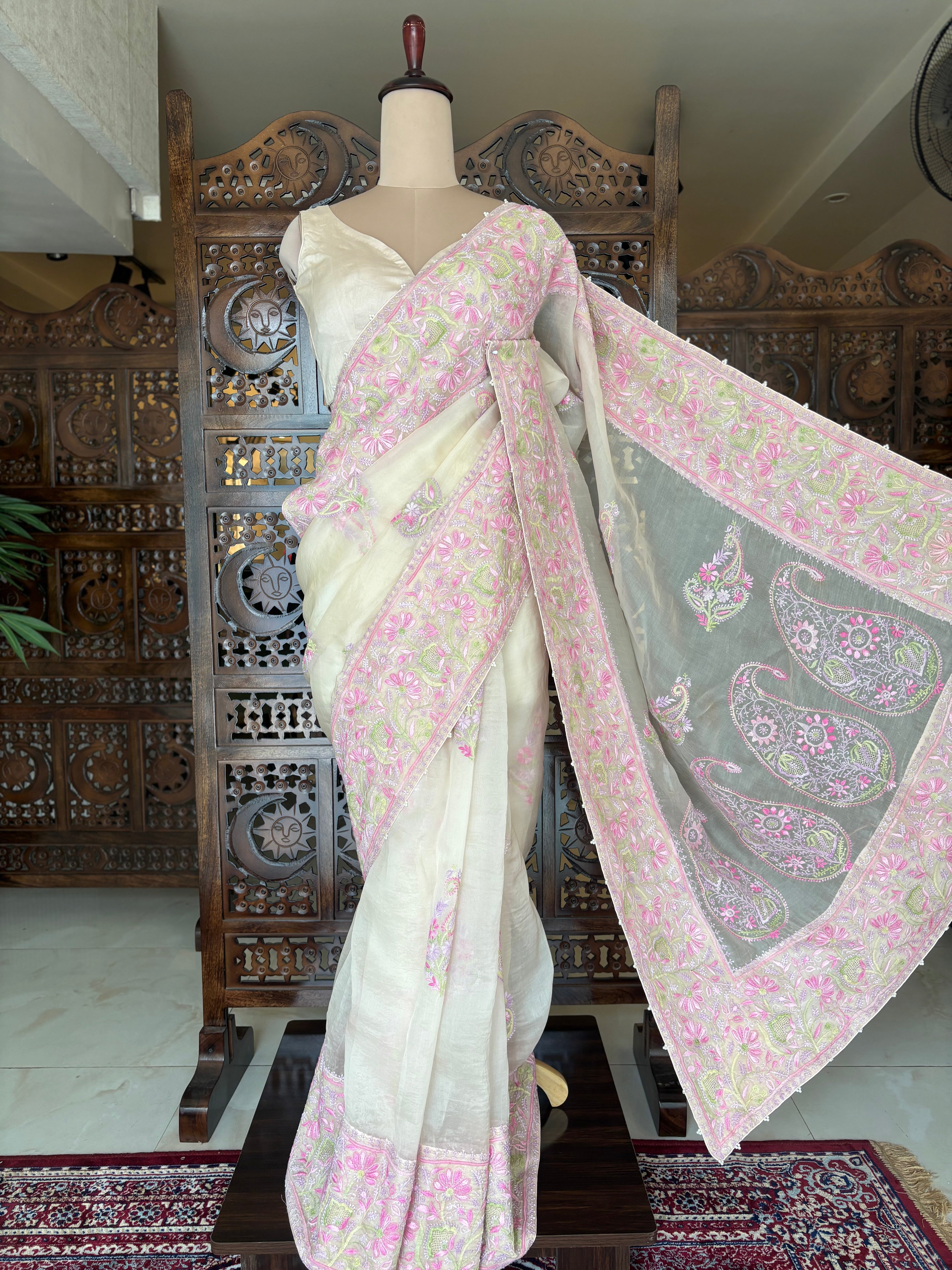 Nude Peach Pure & Premium Organza Chikankari Saree & Blouses - Pleats PleaseChikankari