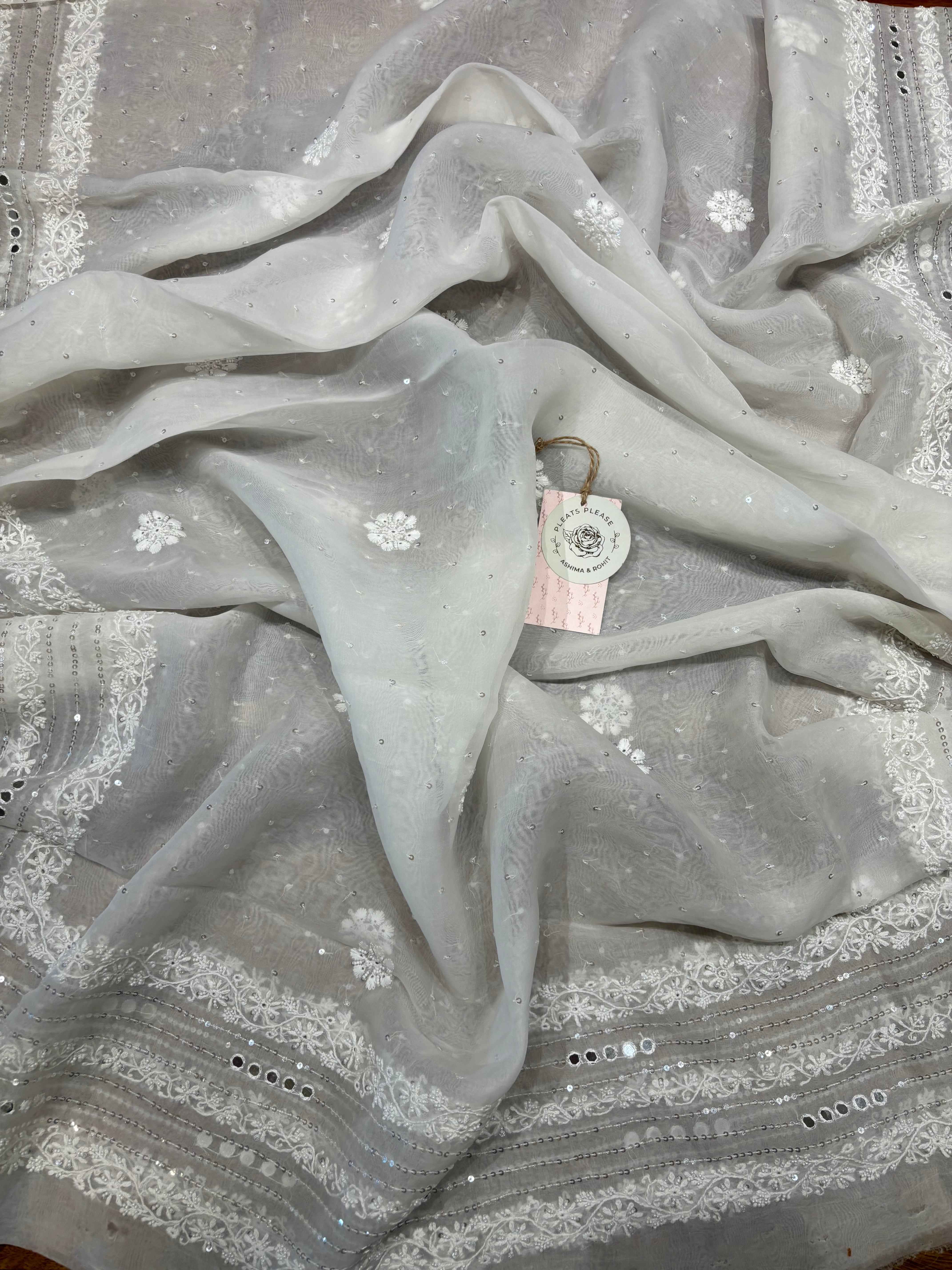 Dyeable Pure and Premium Organza Aline Anarkali and Dupatta - Pleats PleaseChikankari