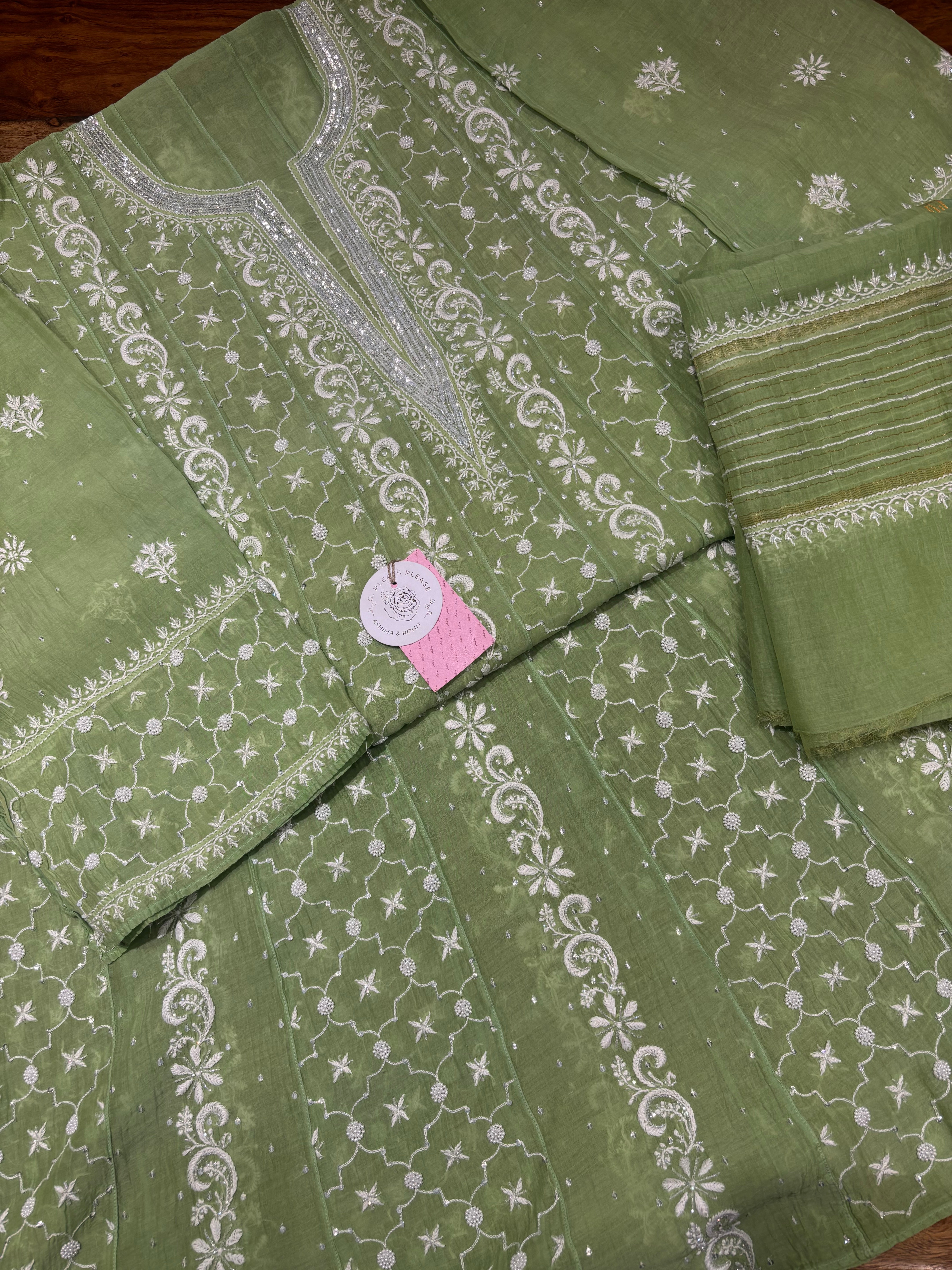 Mint Green Chanderi Mul Chikankari Anarkali & Dupatta Set