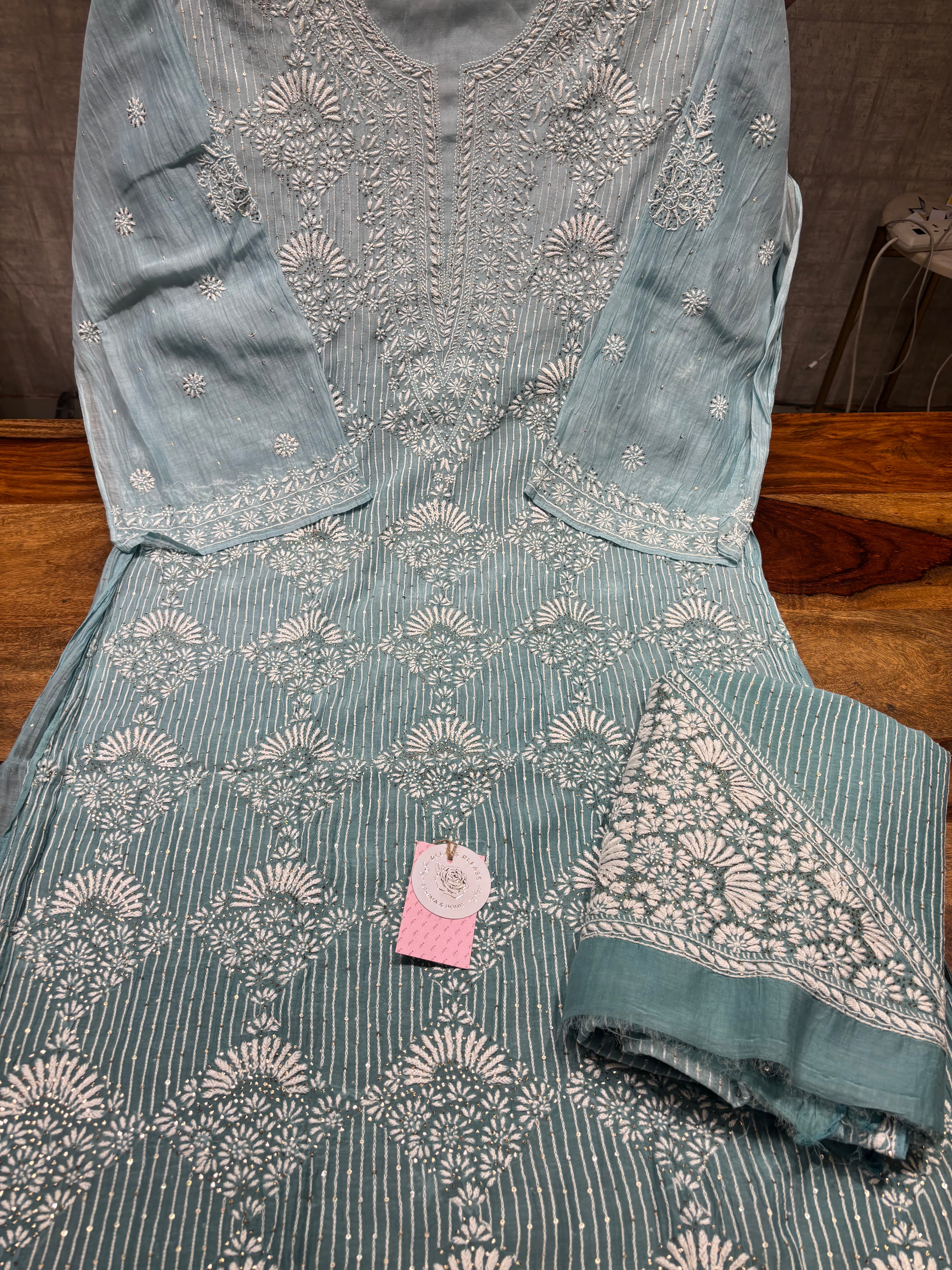 Sea foam Ombre Chanderi Mul Chikankari & Mukaish Kurta and Dupatta Set