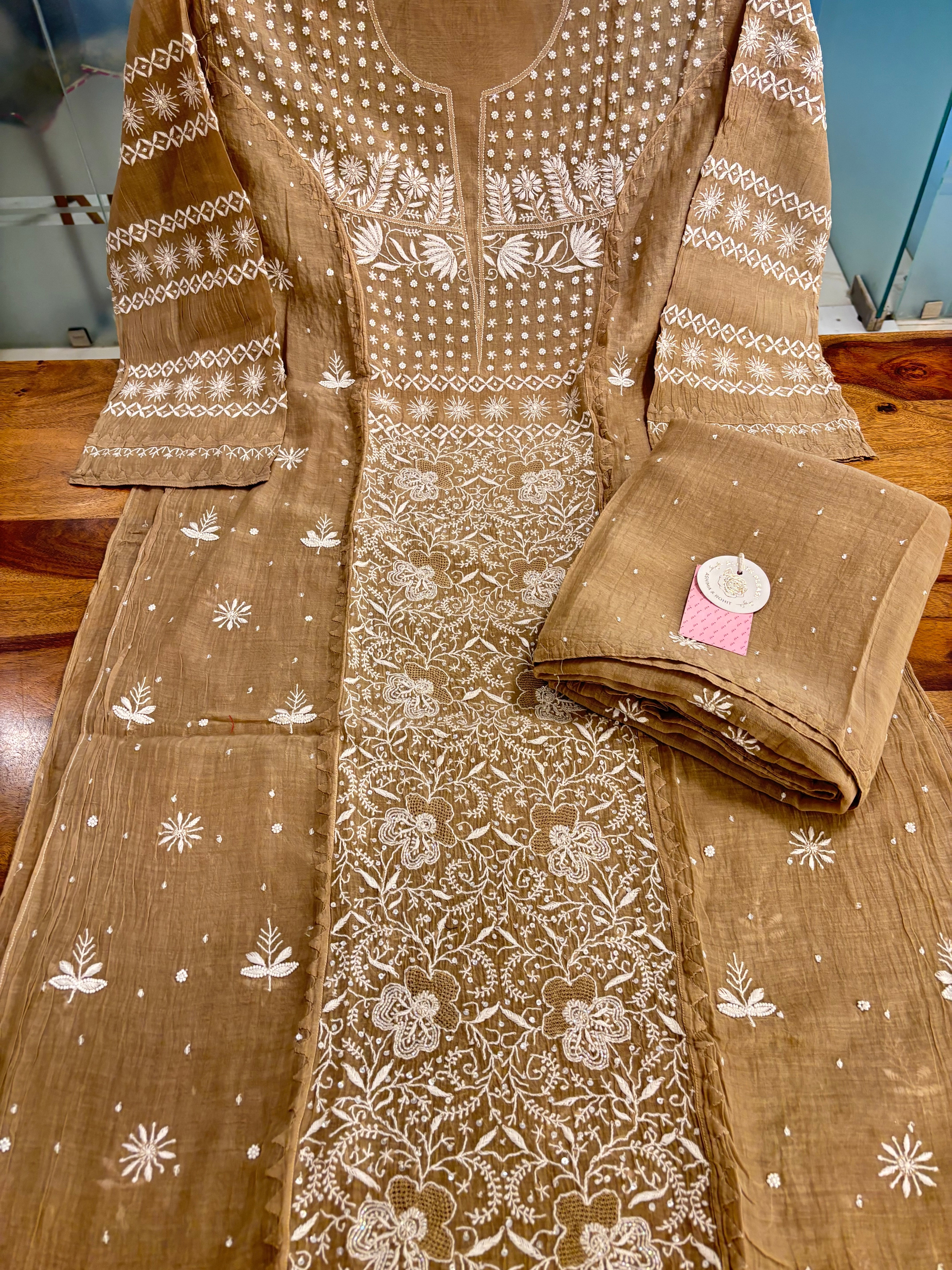 Camel Brown Chanderi Mul Chikankari Kurta & Dupatta
