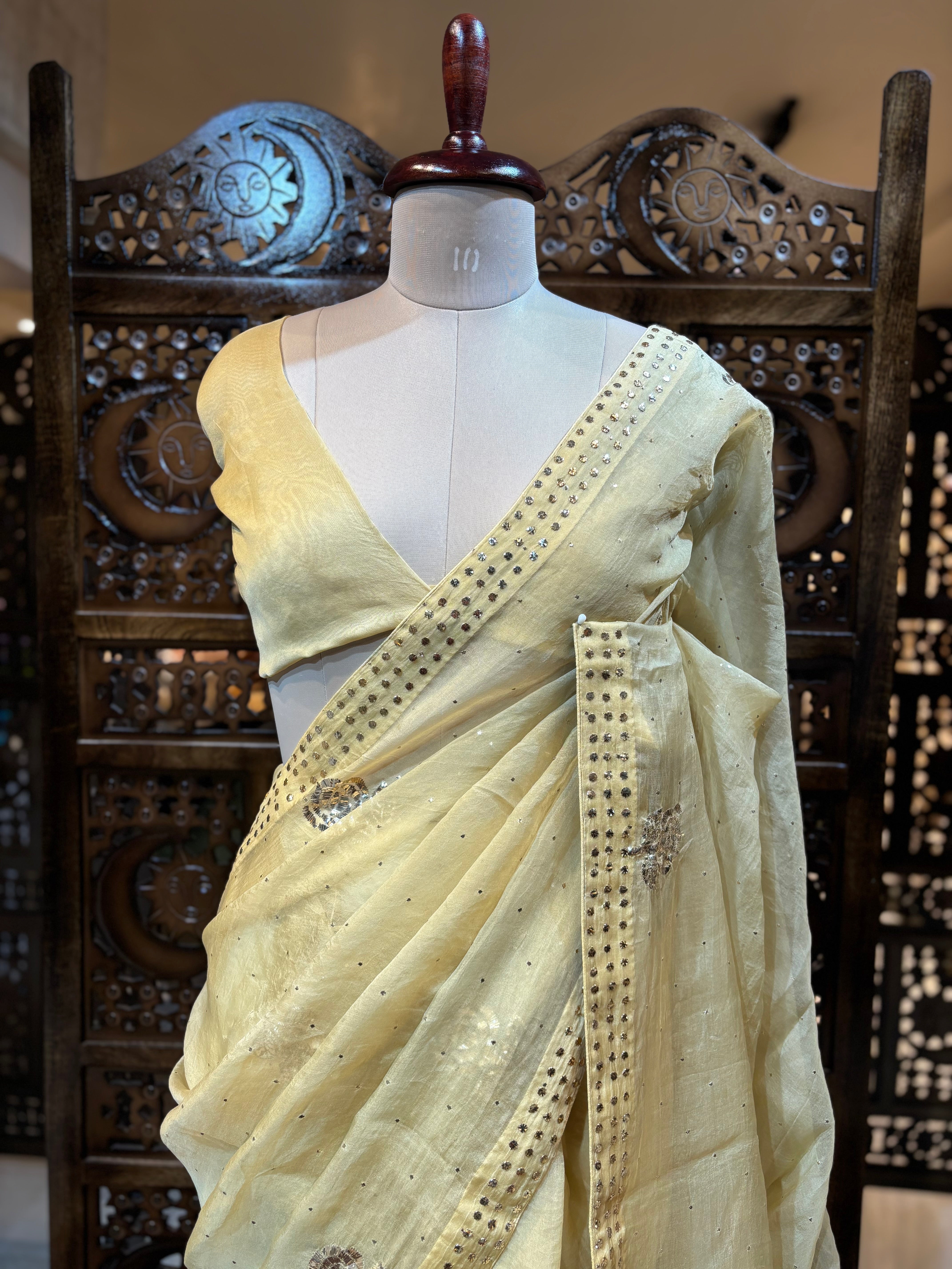 Beige Gold Organza Silk Badla Saree