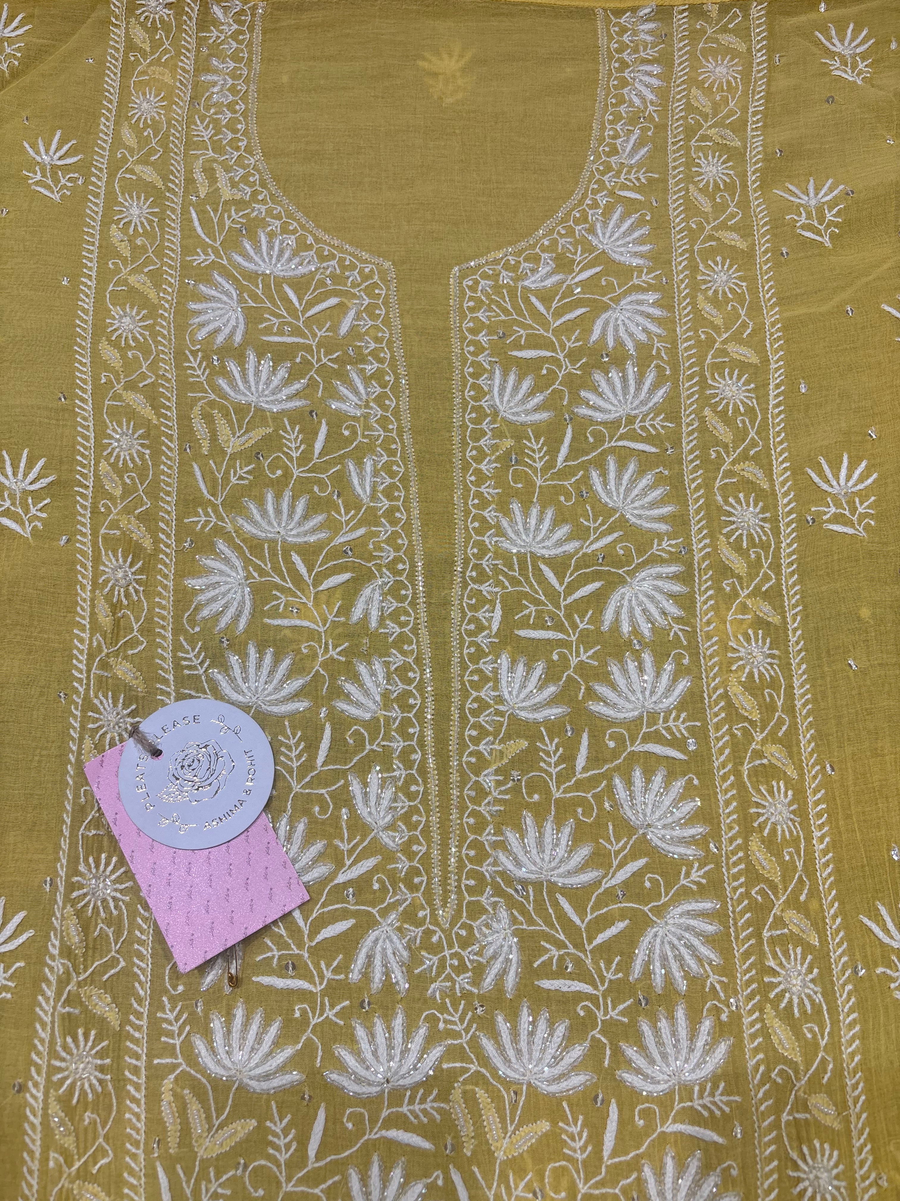 Yellow Chanderi Mul Chikankari Kurta & Dupatta Set