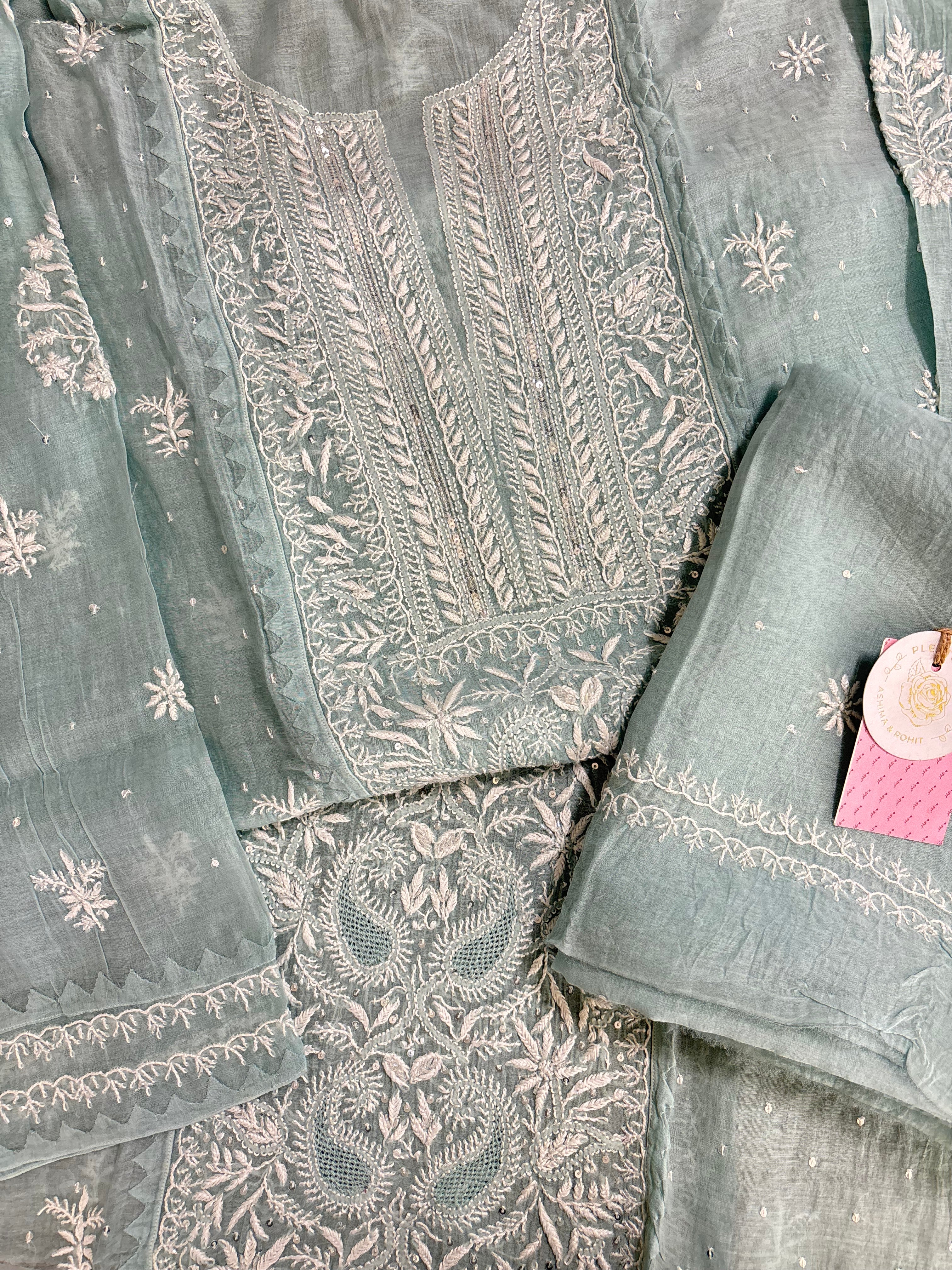 Ice Blue Chanderi Chikankari Kurta & Dupatta