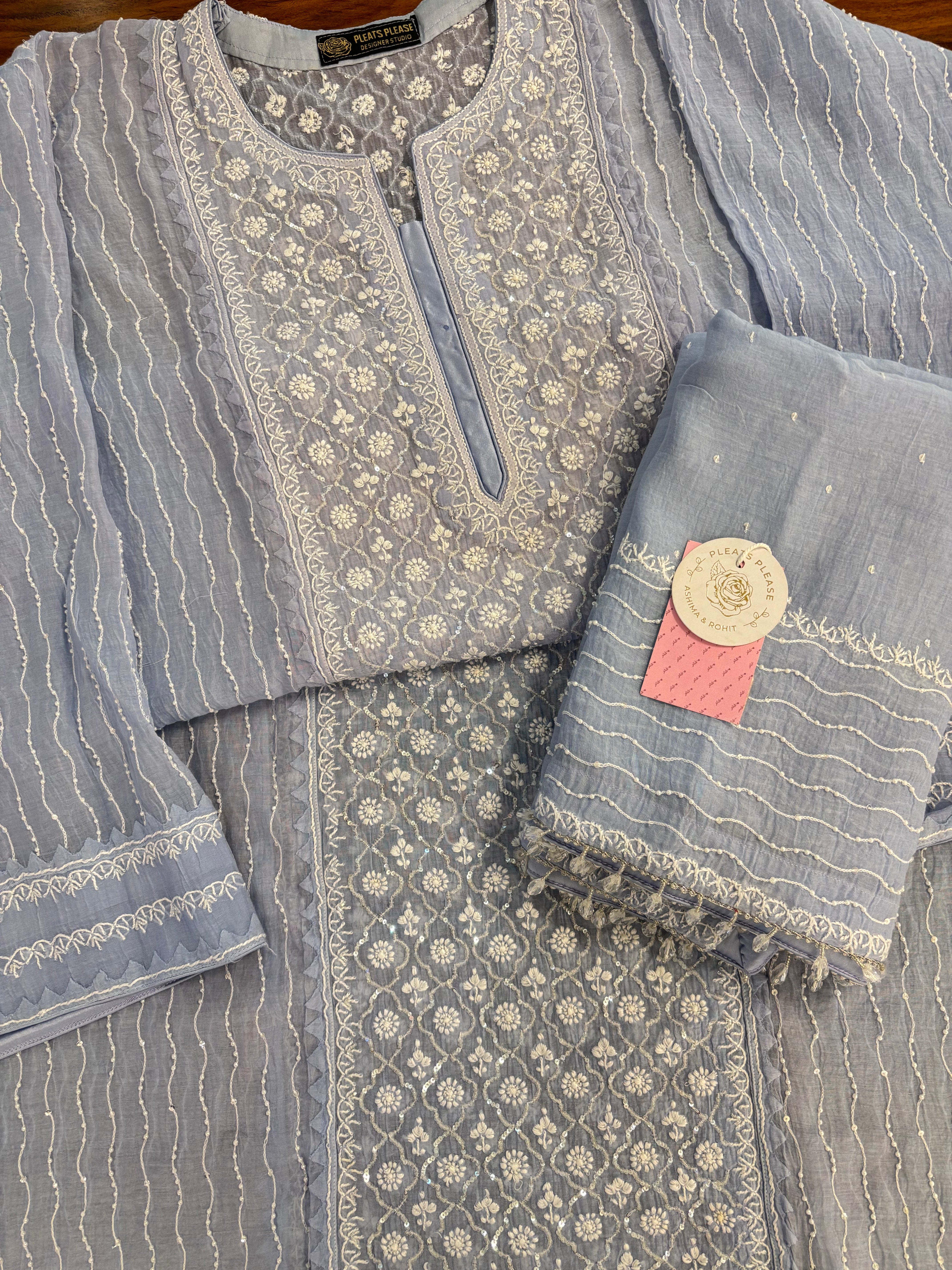 Powder Blue Chanderi Chikankari Kurta & Dupatta