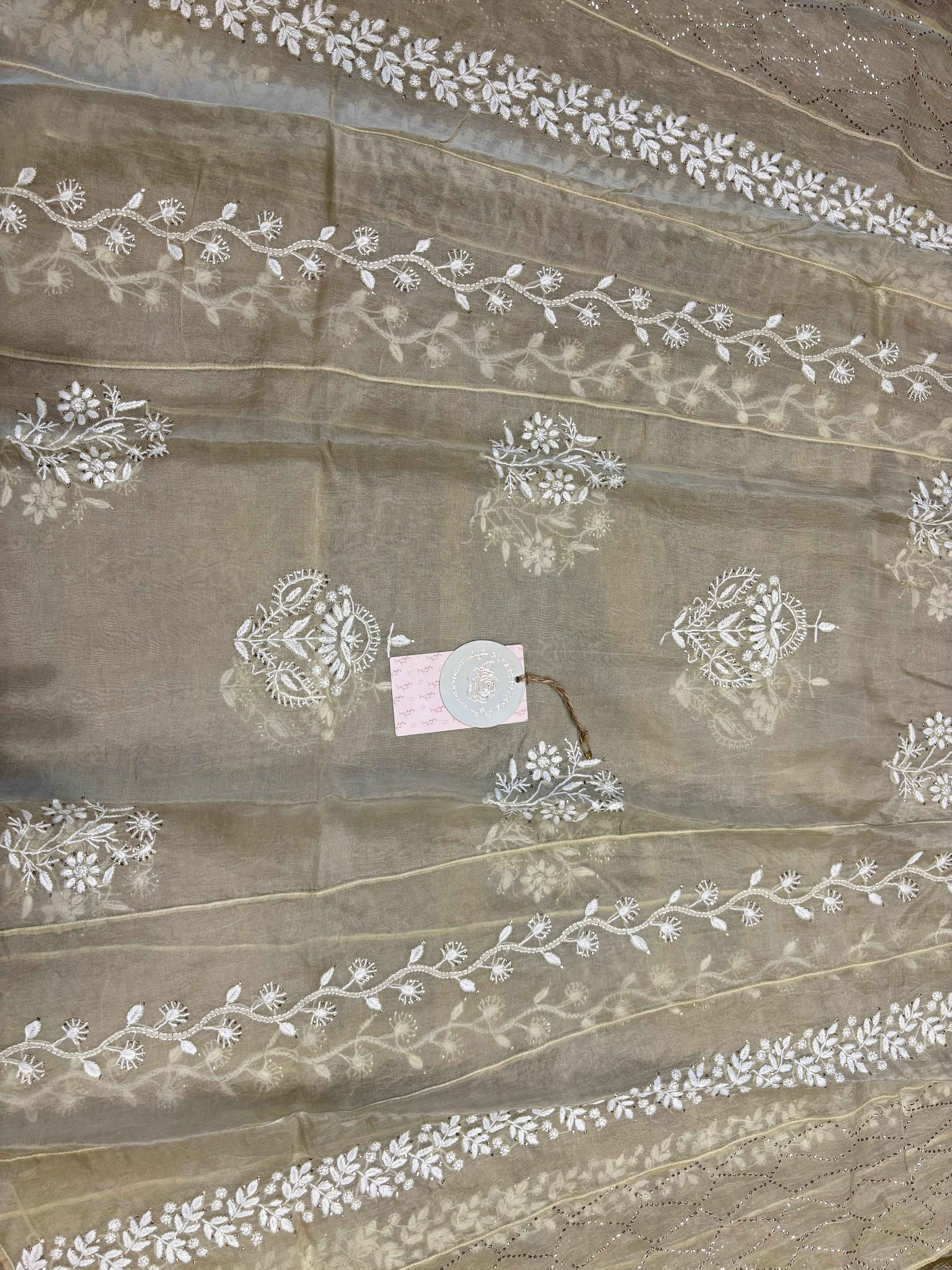 Golden Organza chikankari Anarkali and dupatta - Pleats PleaseChikankari