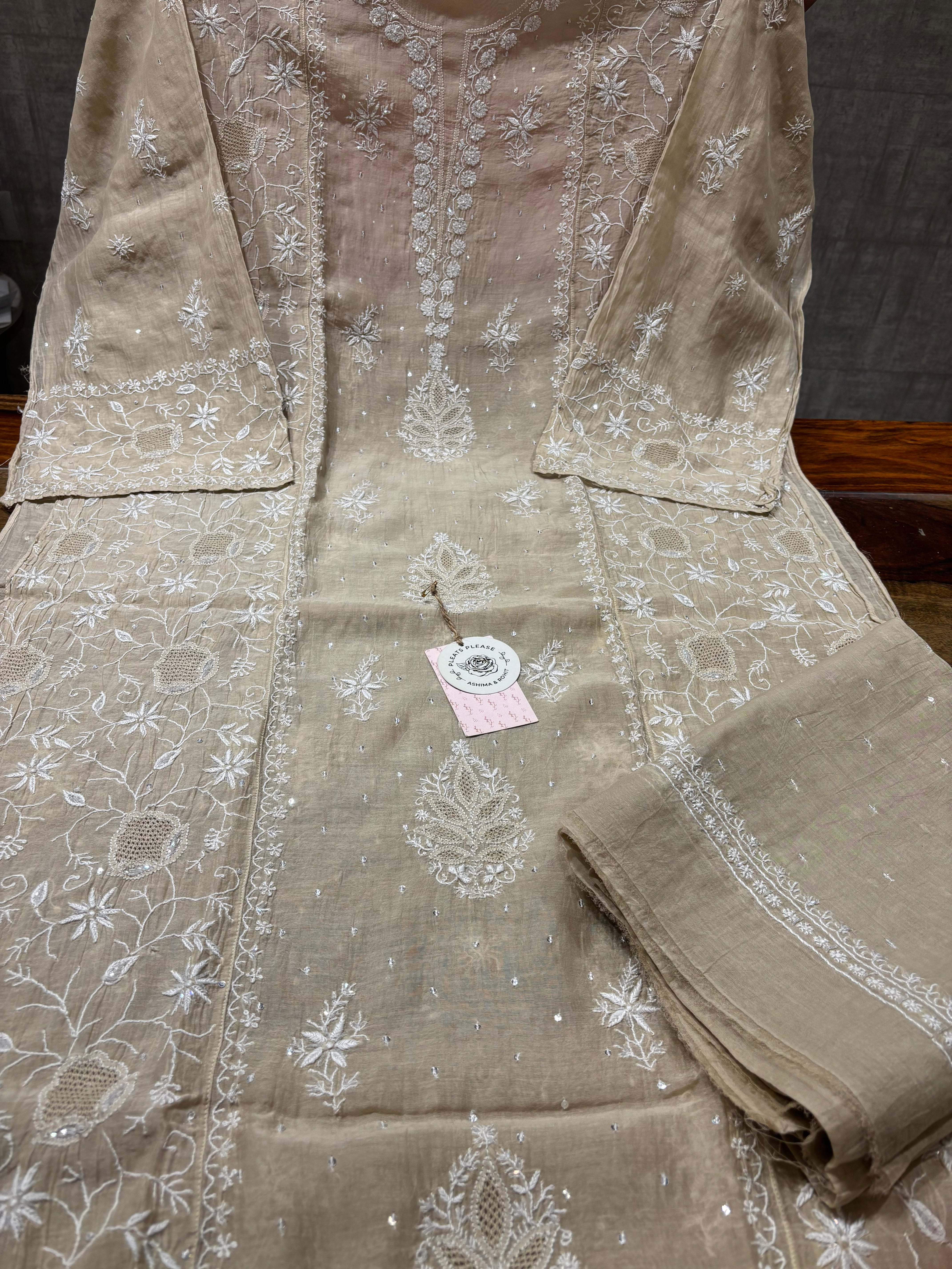 Golden Chanderi Mul Chikankari Kurta and Dupatta set