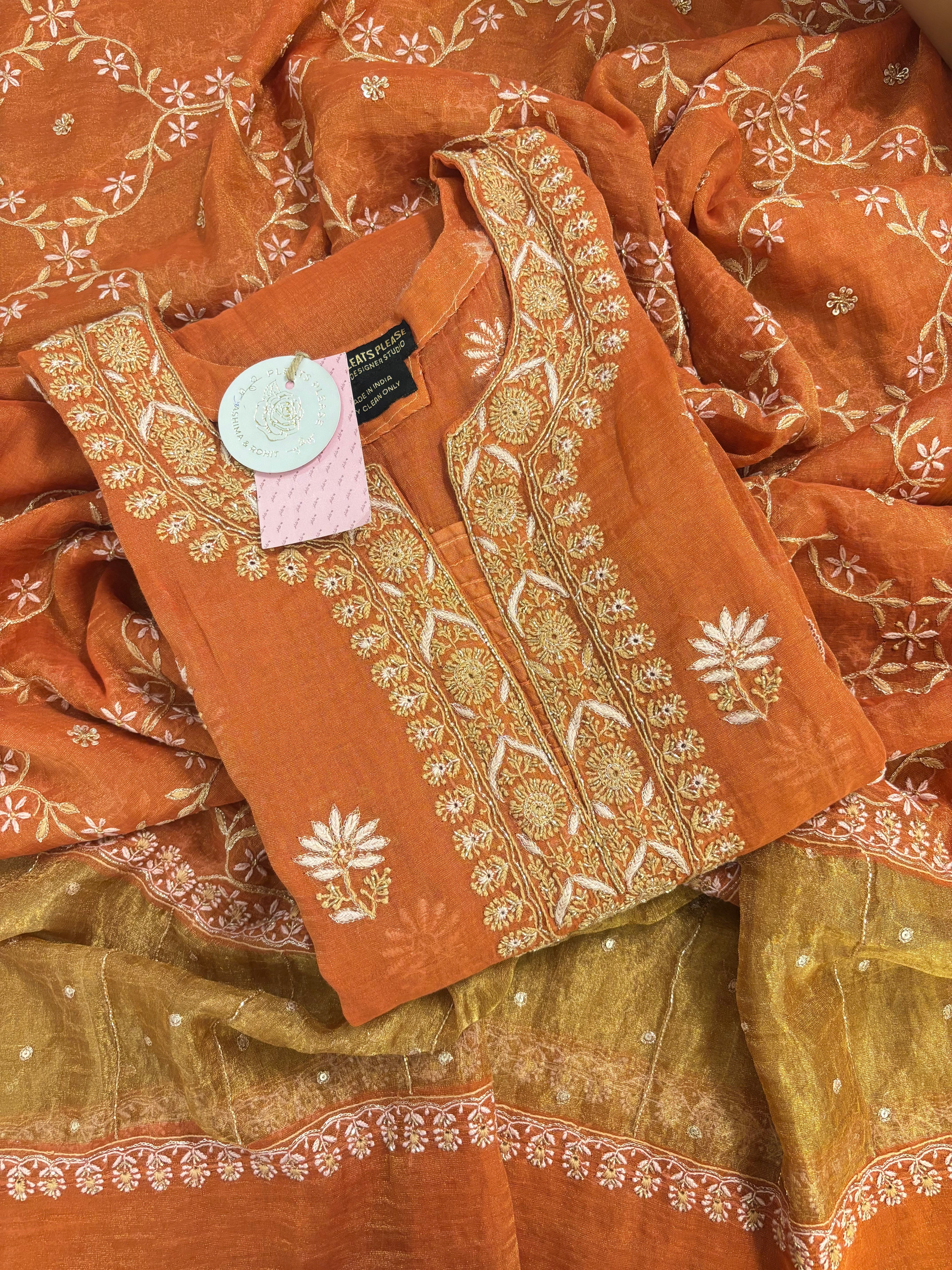 Burnt Orange Pure & Premium Tissue Chikankari A-Line Kurta & Dupatta