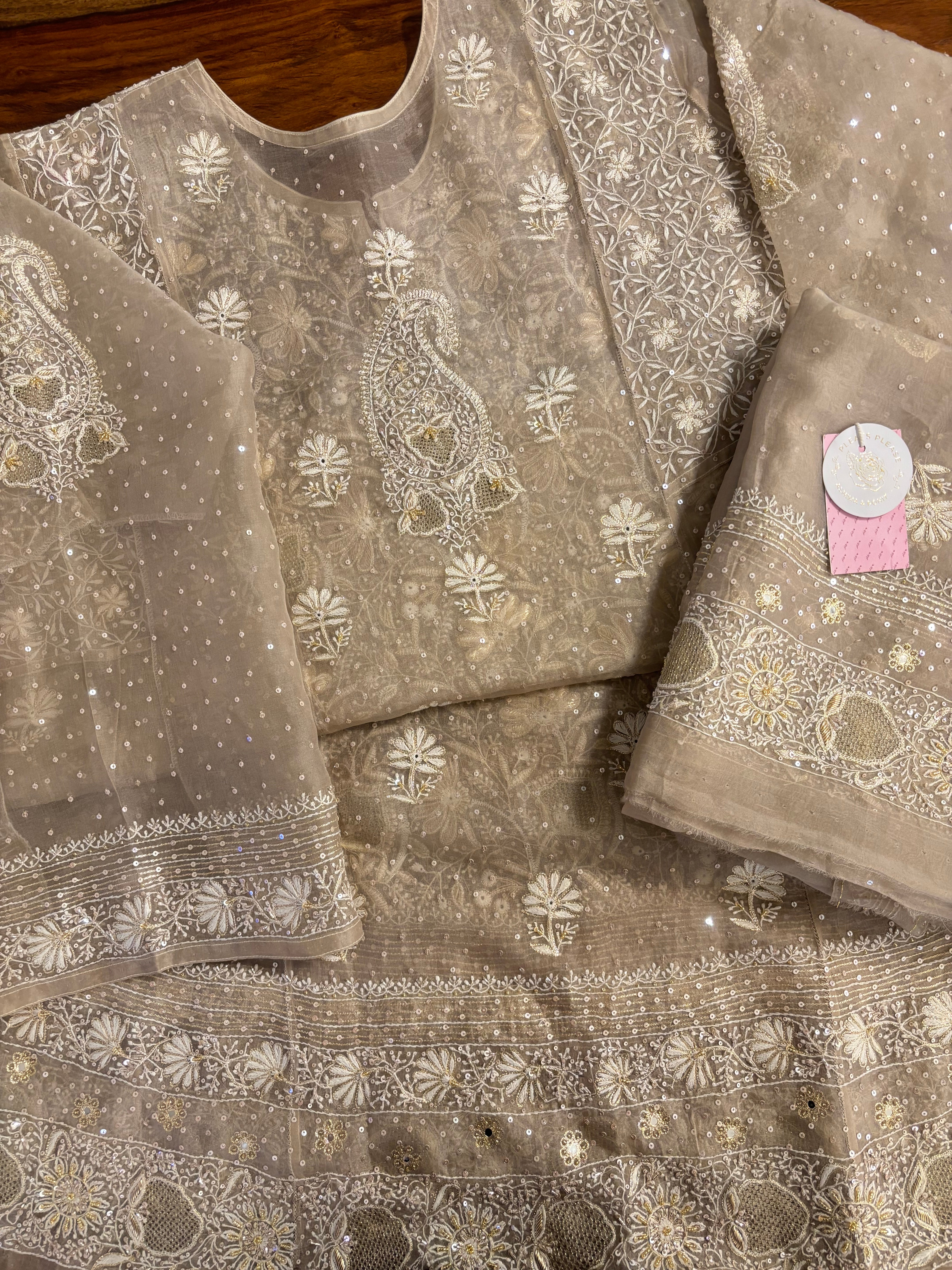 Deep Sand Organza Chikankari Anarkali & Dupatta Set - Pleats PleaseChikankari