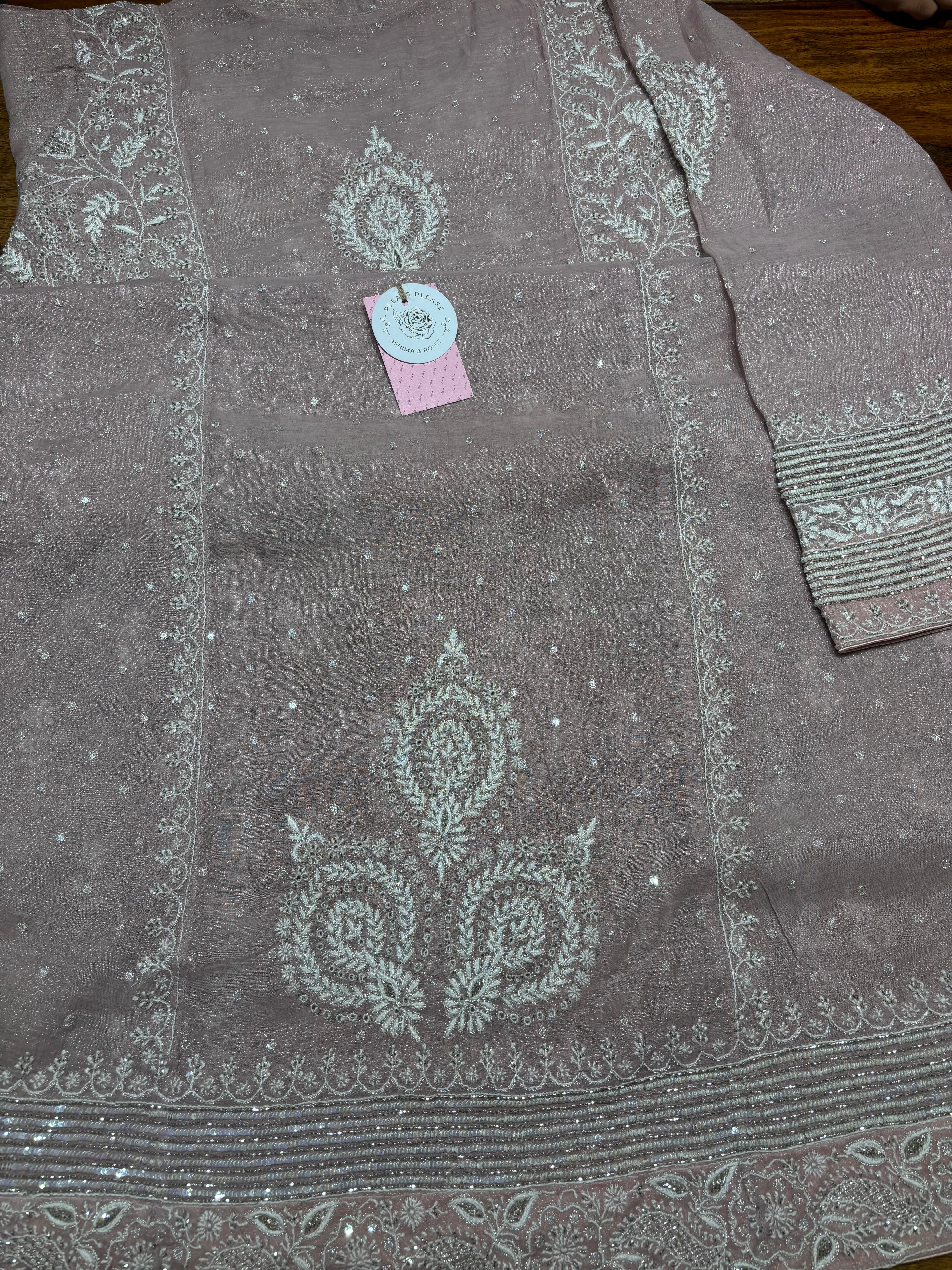 Lilac Pure & Premium Silver Tissue Chikankari Anarkali & Dupatta Set
