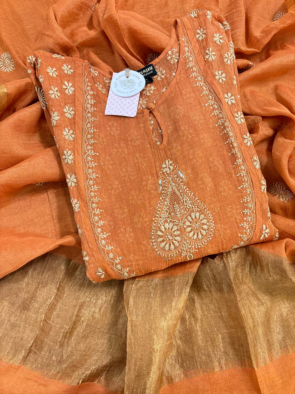 Burnt Orange Pure & Premium Tissue Chikankari Mukaish Bajirao Anarkali & Dupatta