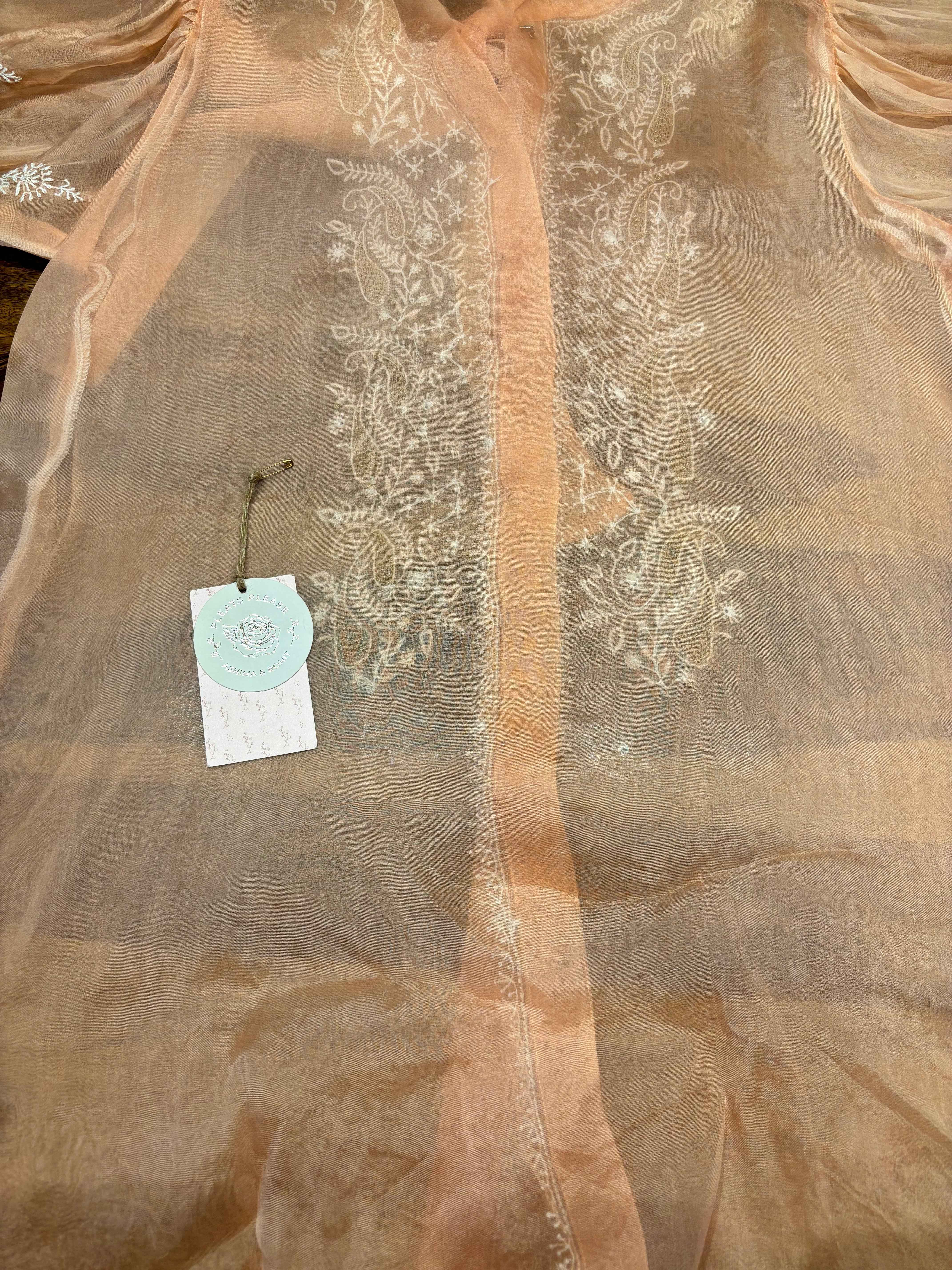 Peach Organza Silk Chikankari Shirt - Pleats PleaseChikankari