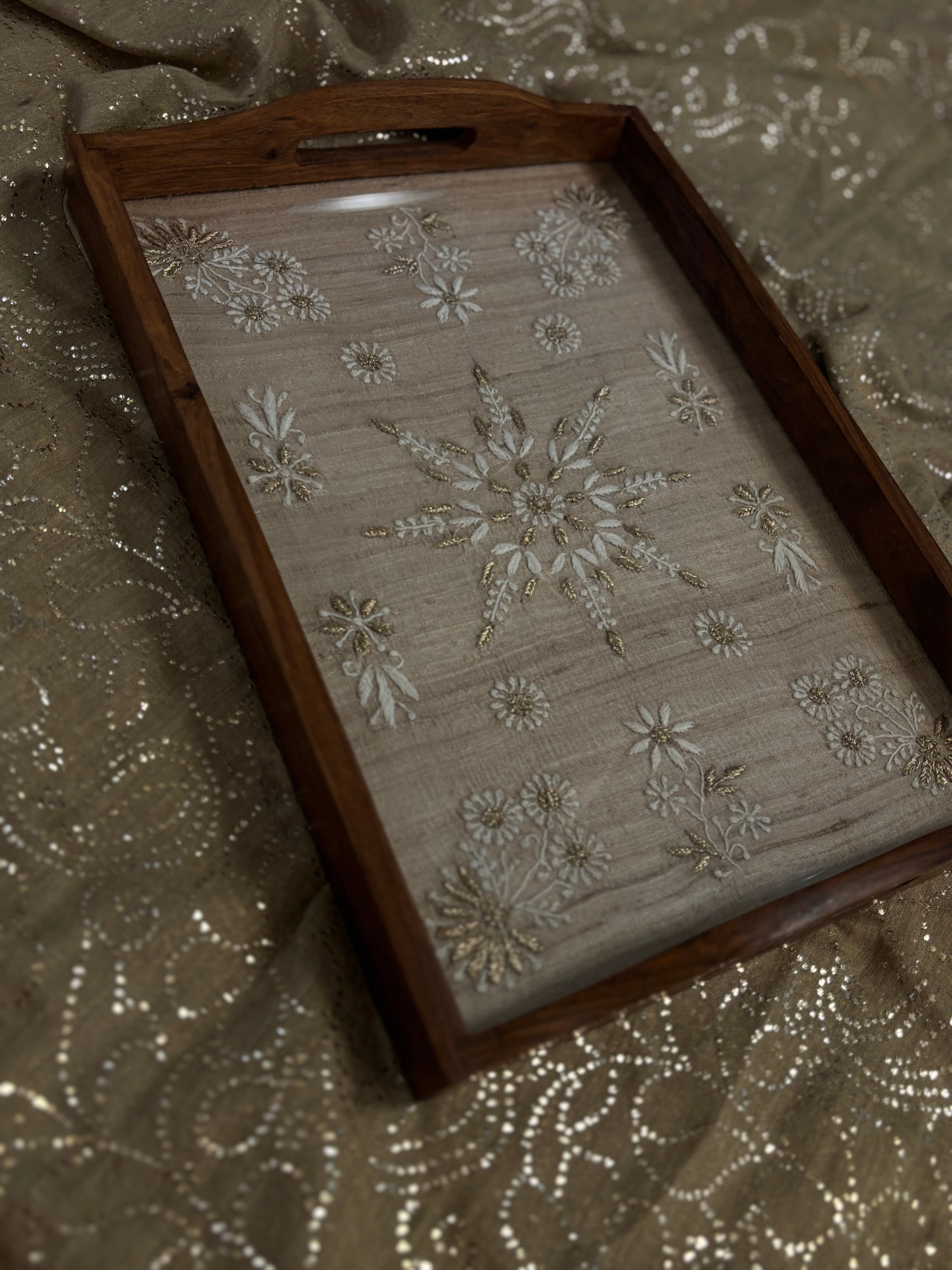 Fawn Silk Rectangle Chikankari Wooden Tray