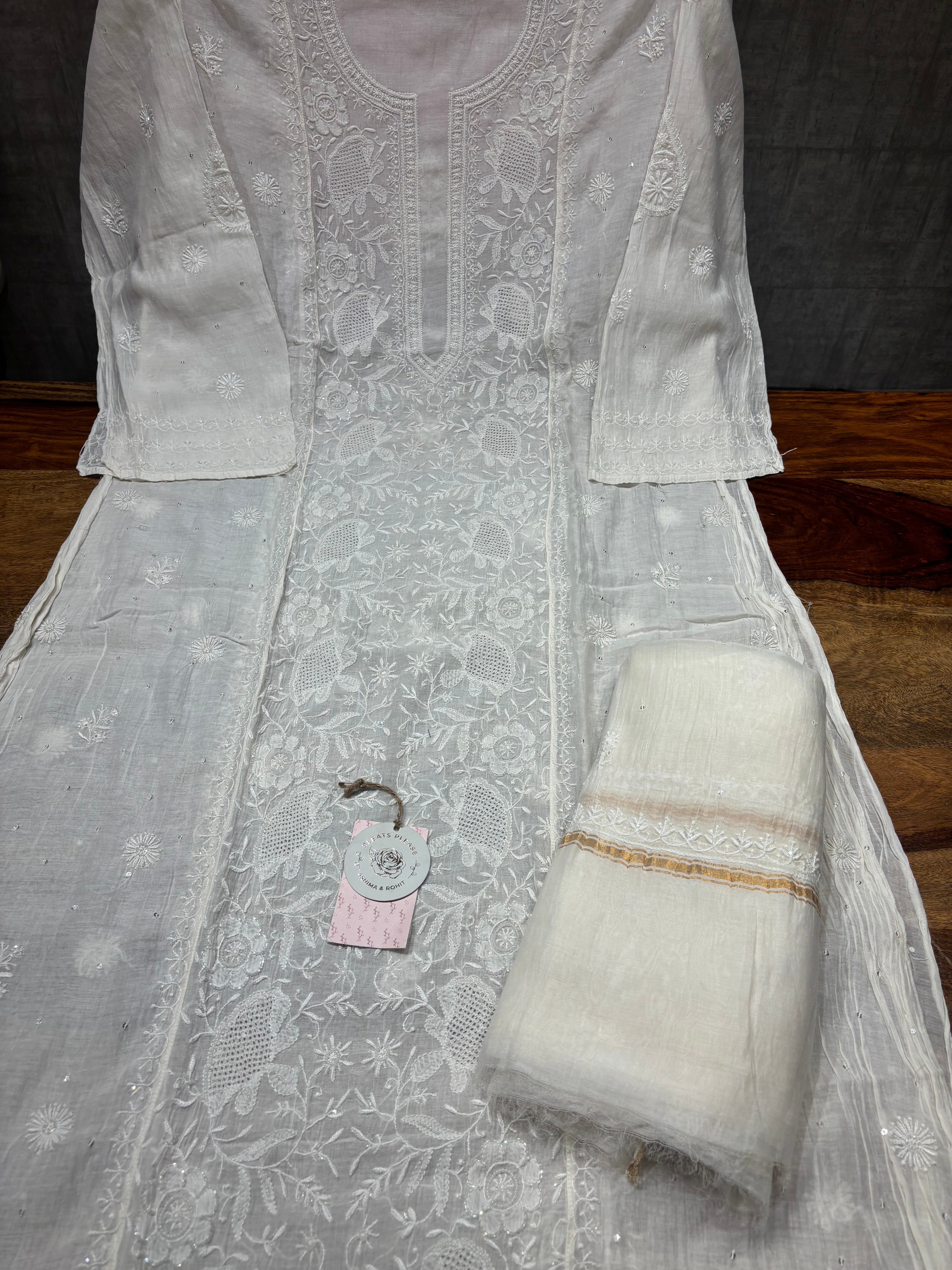 Dyeable Chanderi Mul Chikankari Kurta and Dupatta set