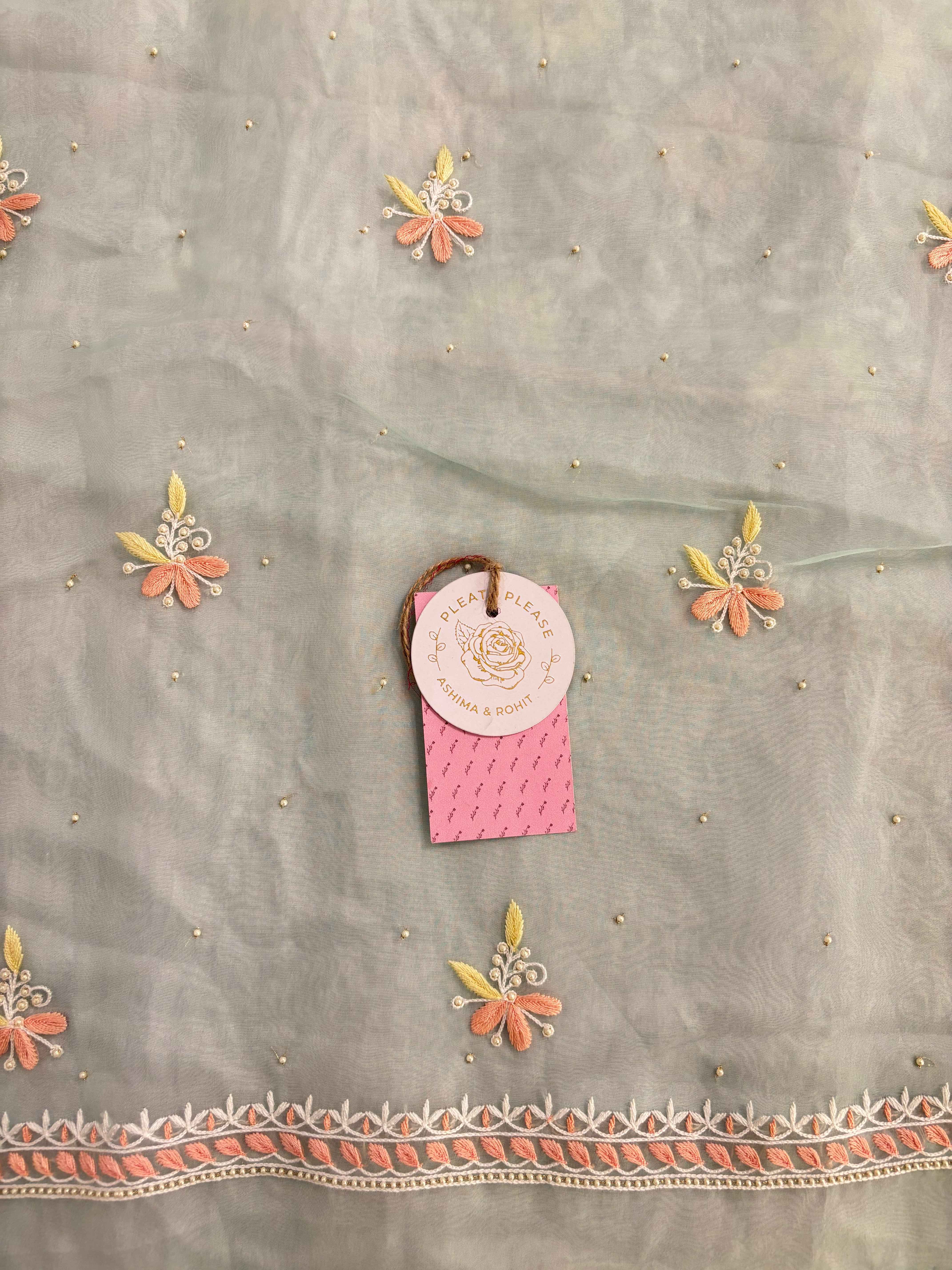 Sage Green Organza Mirror Chikankari Kurta & Dupatta