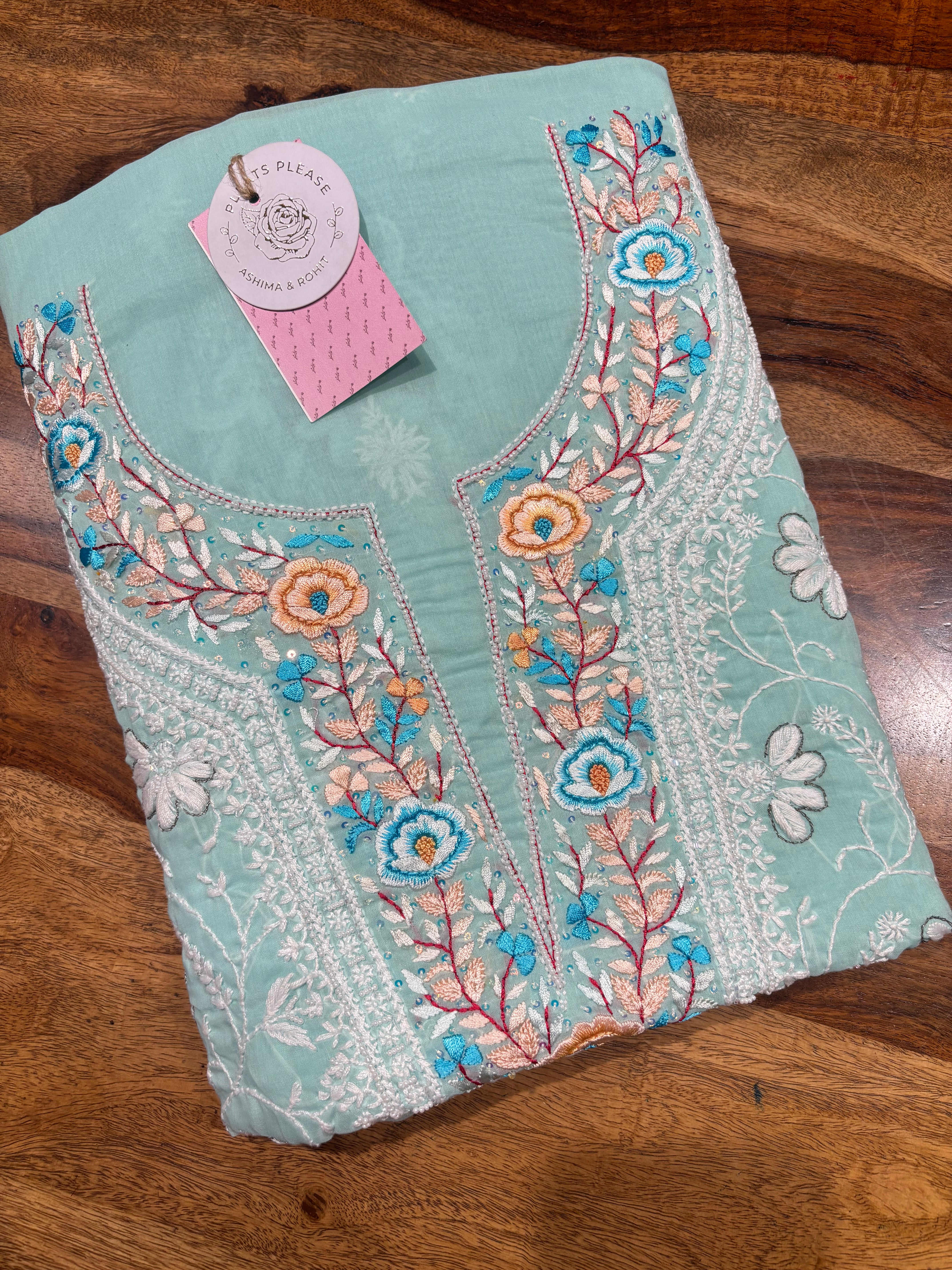 Mint Green Cotton Chikankari Kurta Fabric