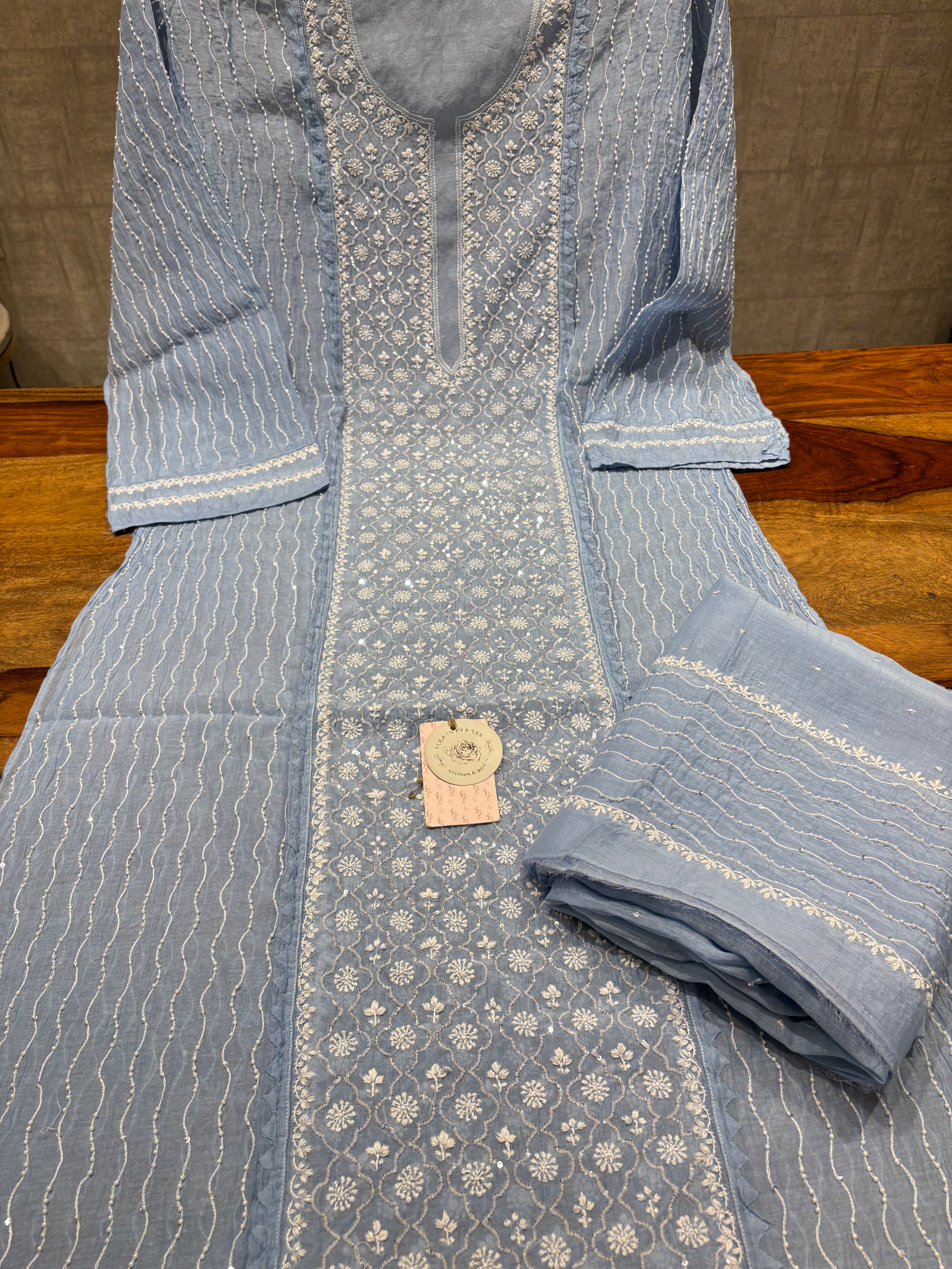 Powder Blue Chanderi Mul Chikankari Kurta & Dupatta Set