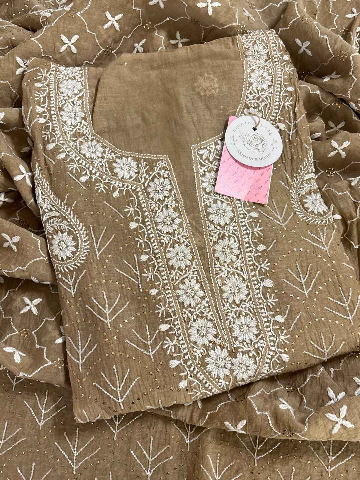 Camel Brown Chanderi Chikankari Mukaish Kurta & Dupatta