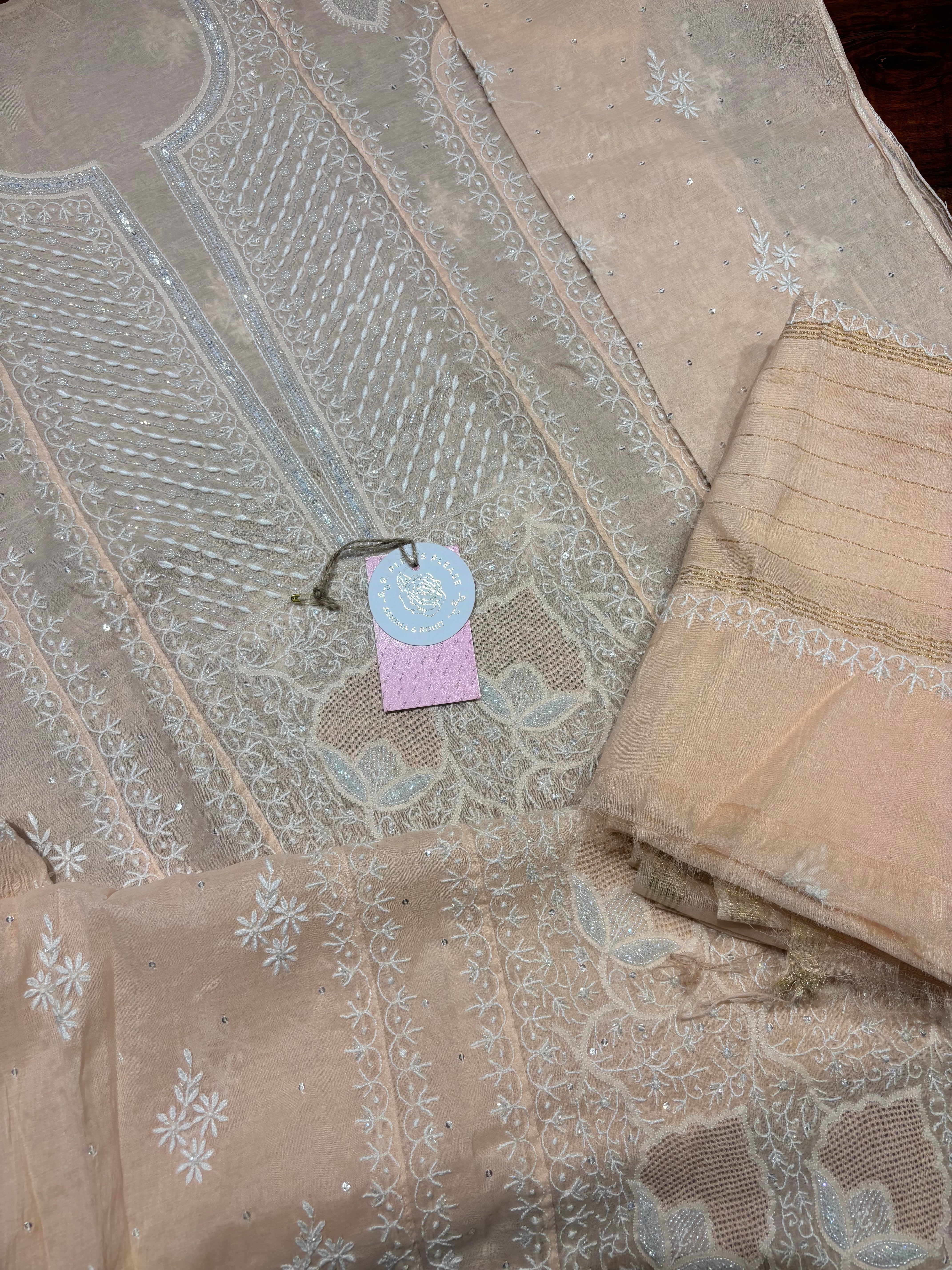 Soft Peach Chanderi Mul Chikankari Kurta and Dupatta Set