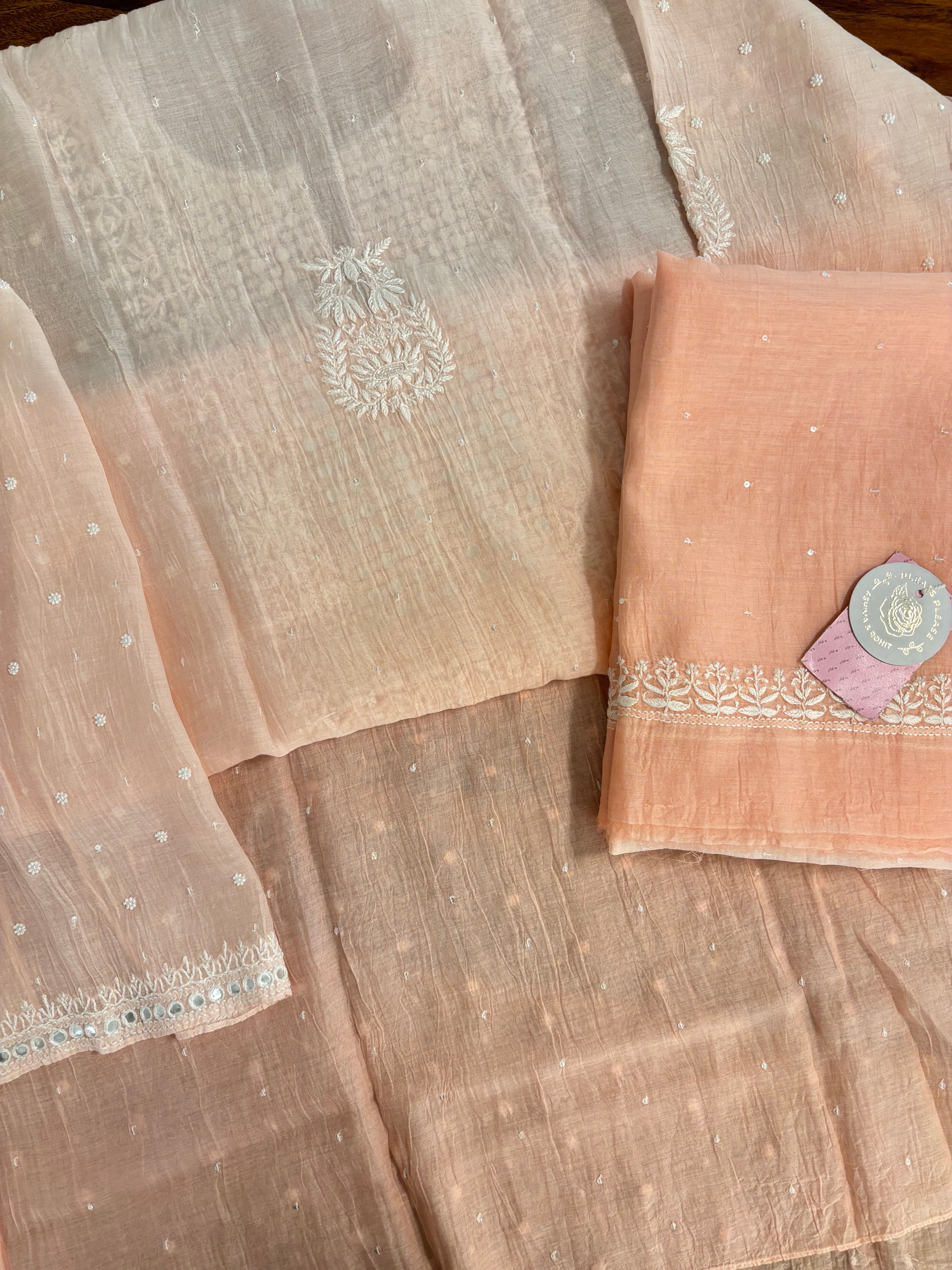Pastel Peach Pure Chanderi Ombre Chikankari Kurta & Dupatta Set - Pleats PleaseChikankari