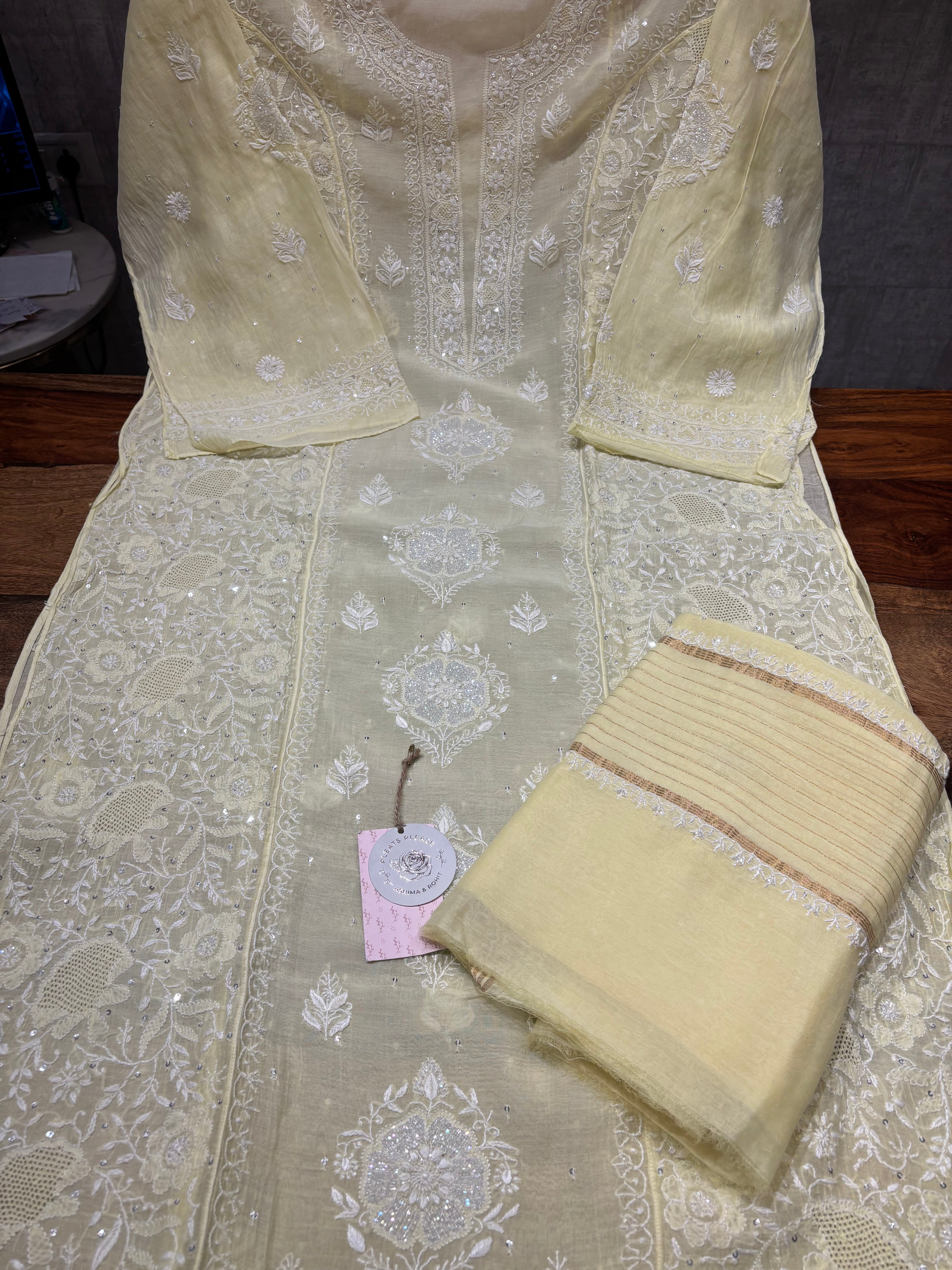 Lime Yellow Chanderi Mul Chikankari Kurta and Dupatta set