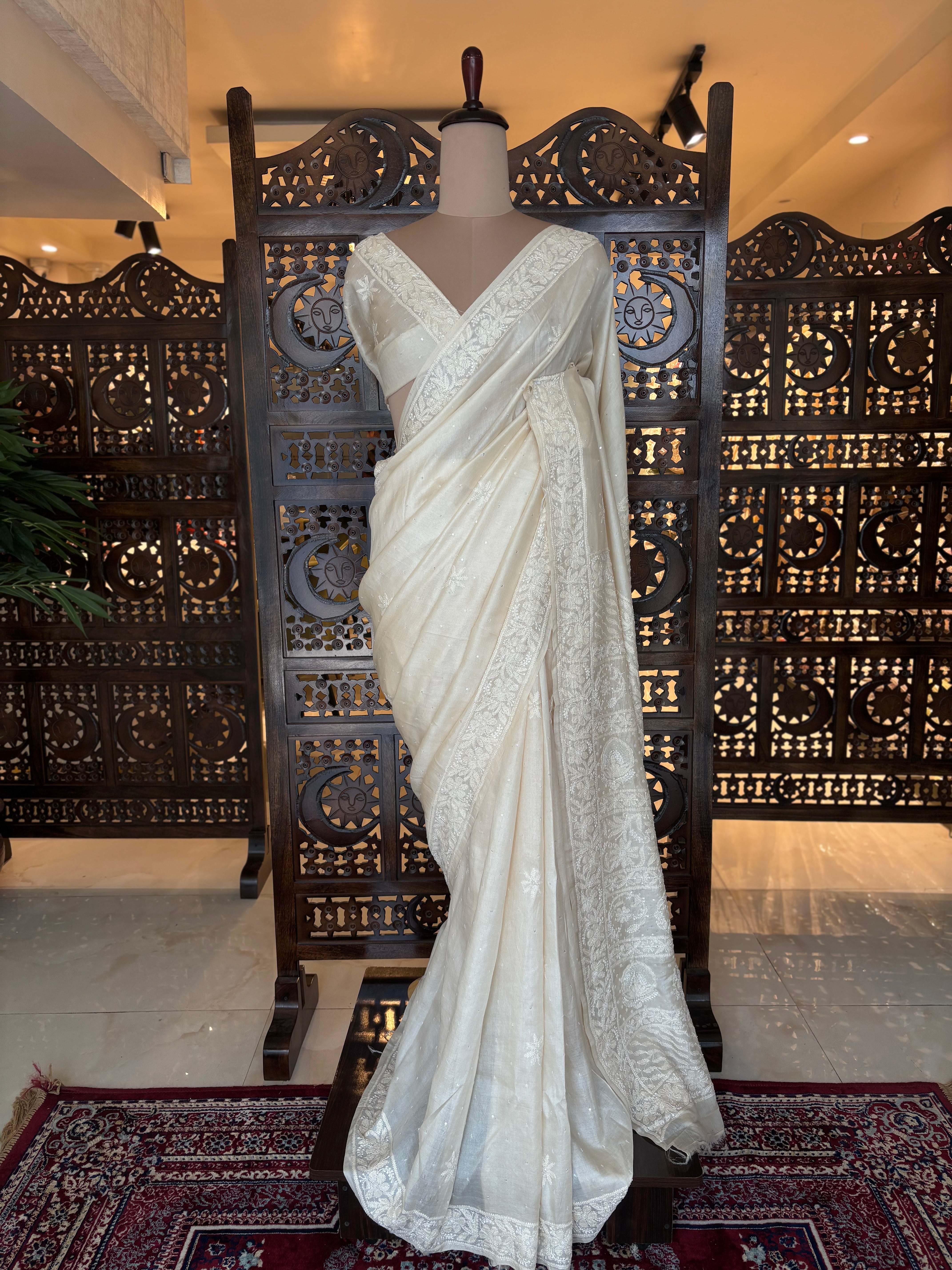 Dyeable Pure & Premium White Tussar Silk Chikankari Saree & Blouse