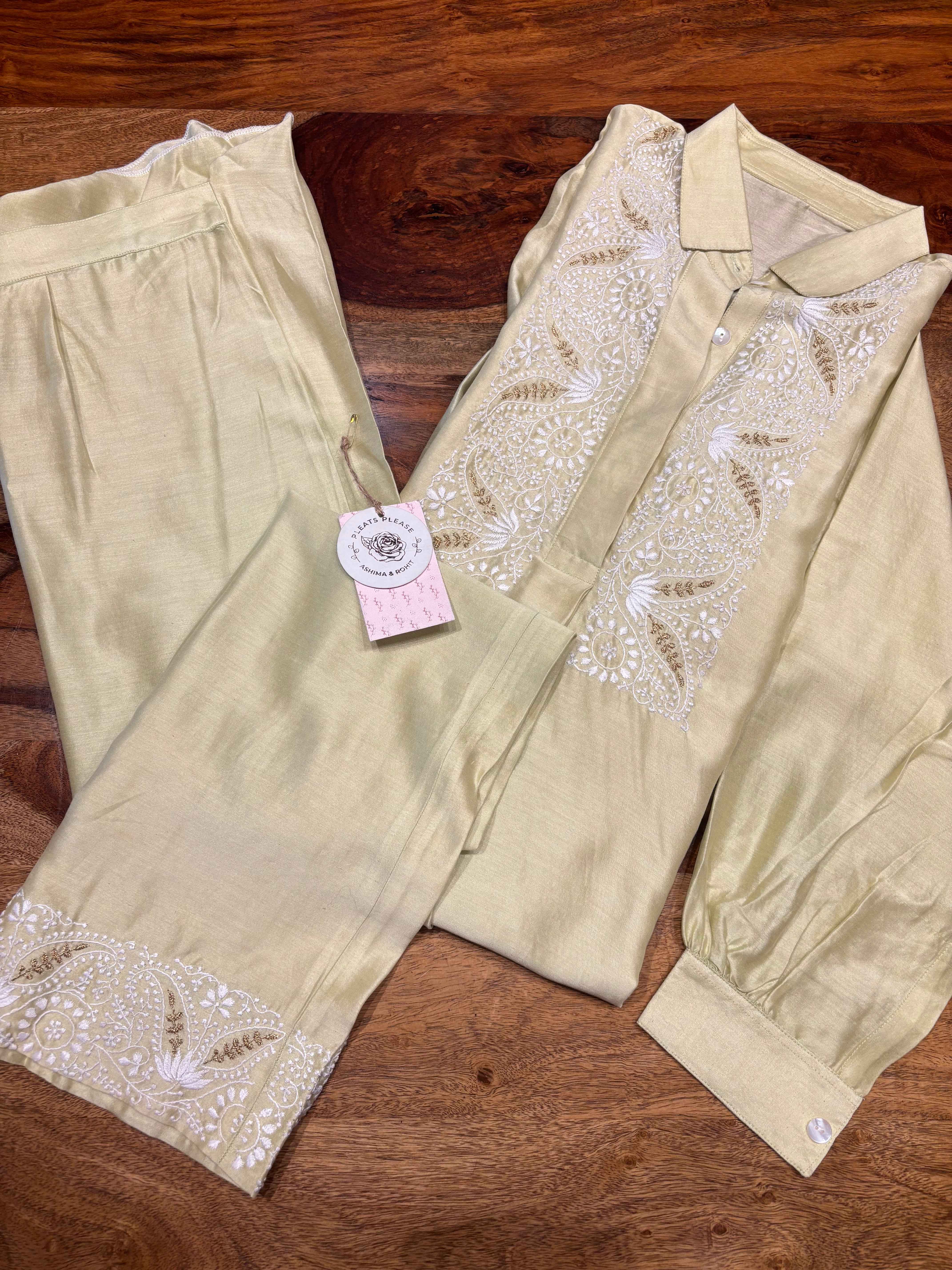 Pistachio Green Chanderi Silk chikankari Co-ord Set - Pleats PleaseChikankari
