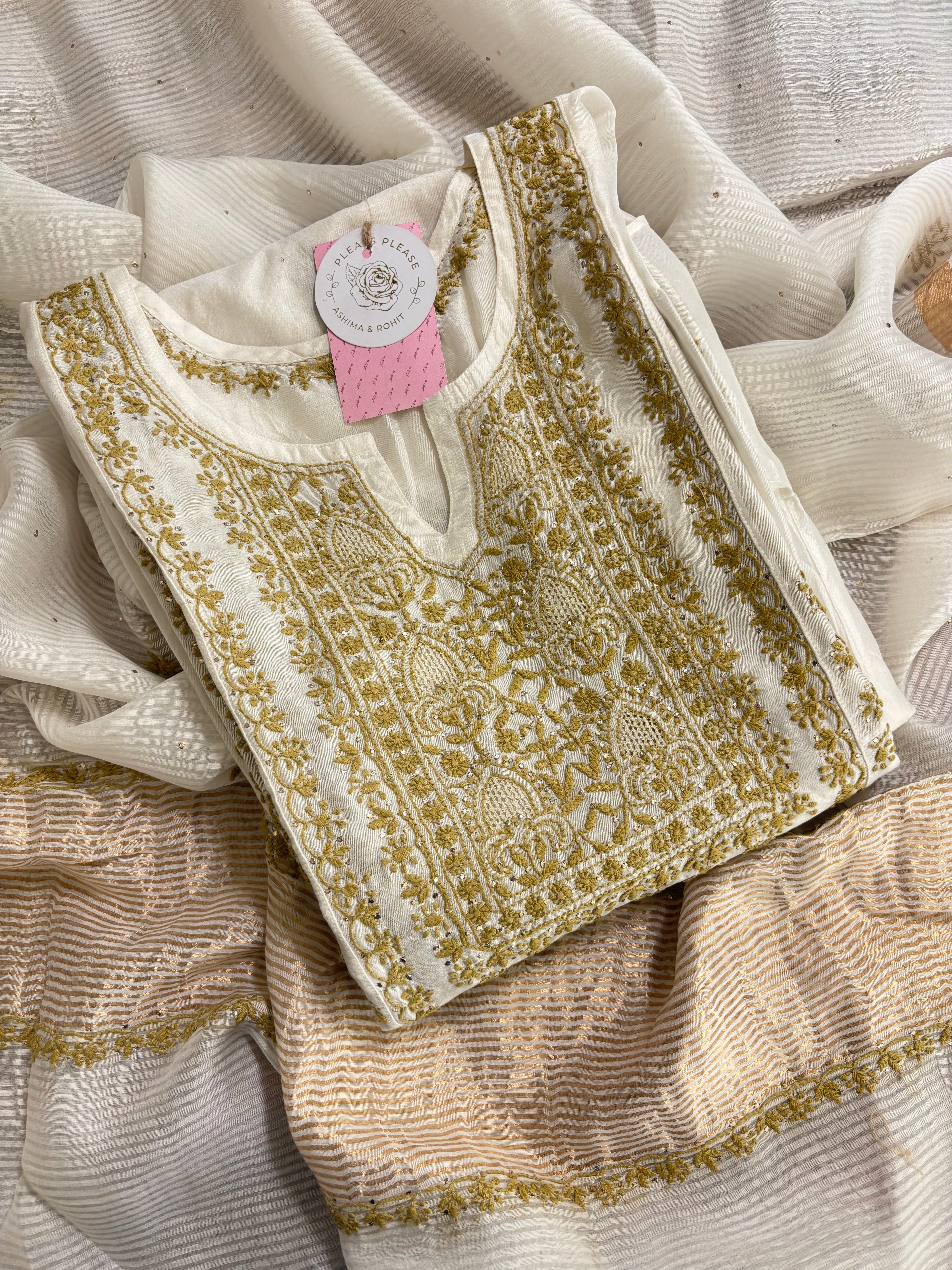 Dyeable Chanderi Chikankari Mukaish Anarkali & Dupatta Set