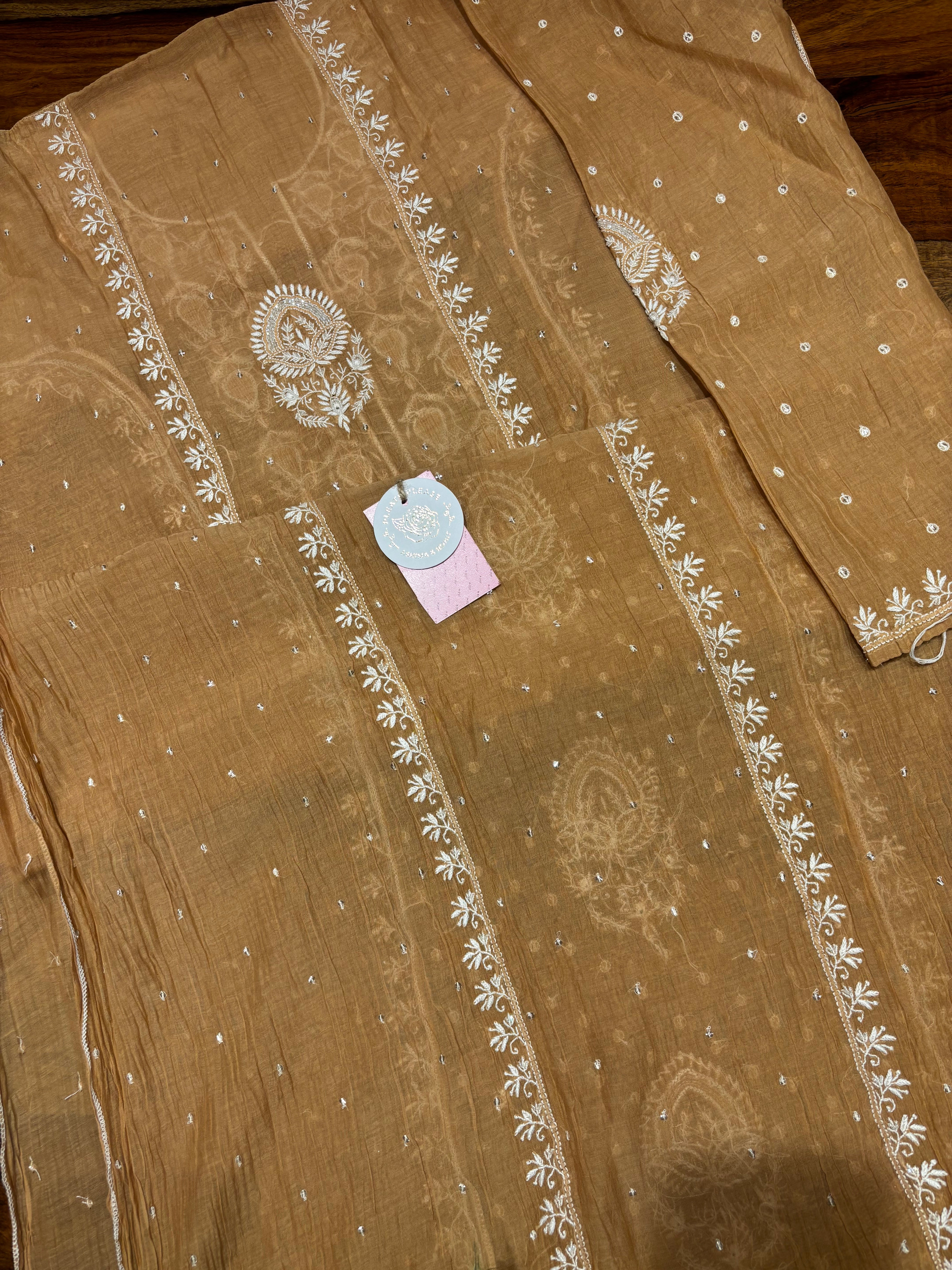 Chocolate Brown Chanderi Mul Chikankari Kurta & Dupatta Set