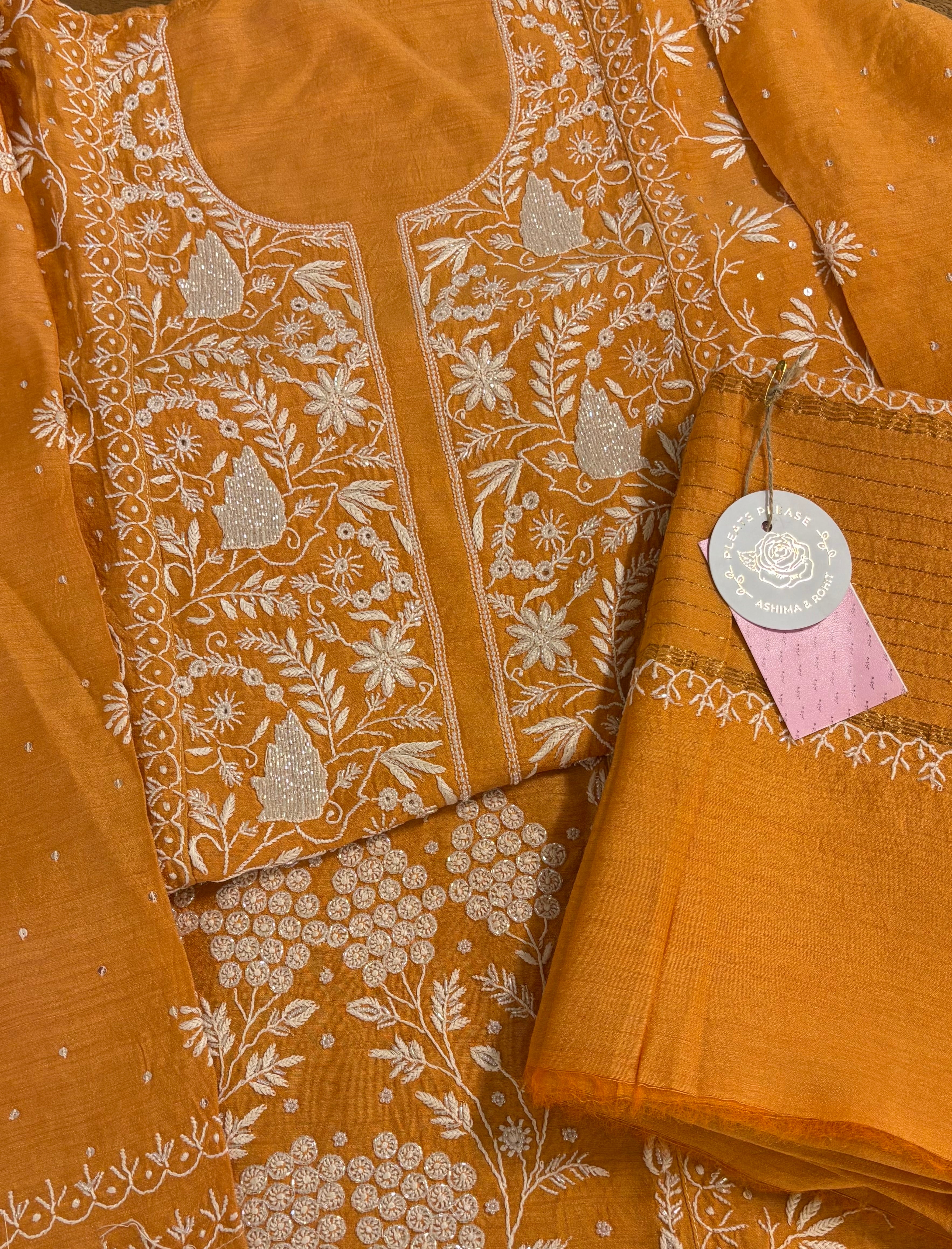 Orange Monga Silk Chikankari Kurta Dupatta Set