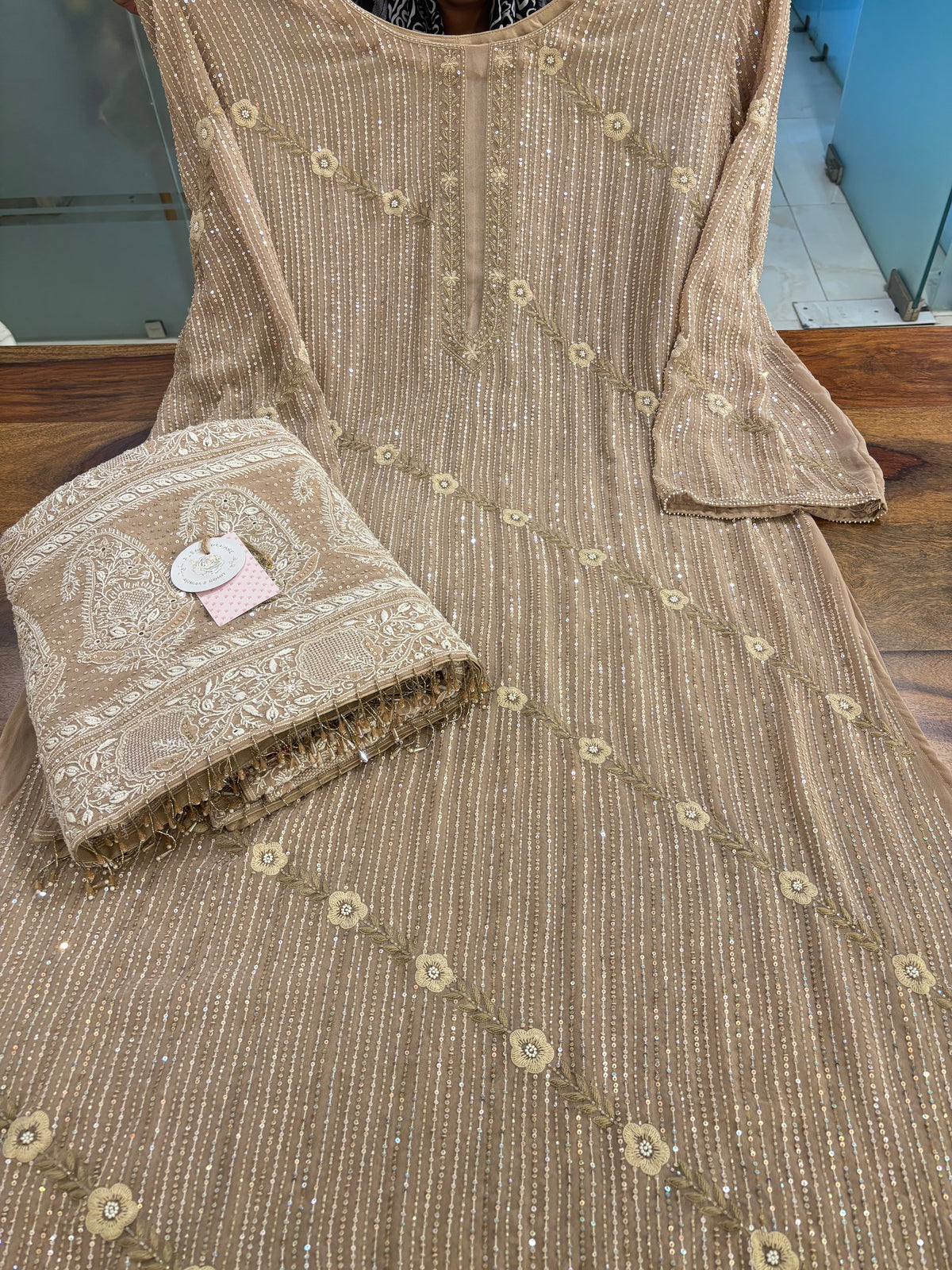 Beige Pure & Premium Georgette Chikankari Kurta & Dupatta