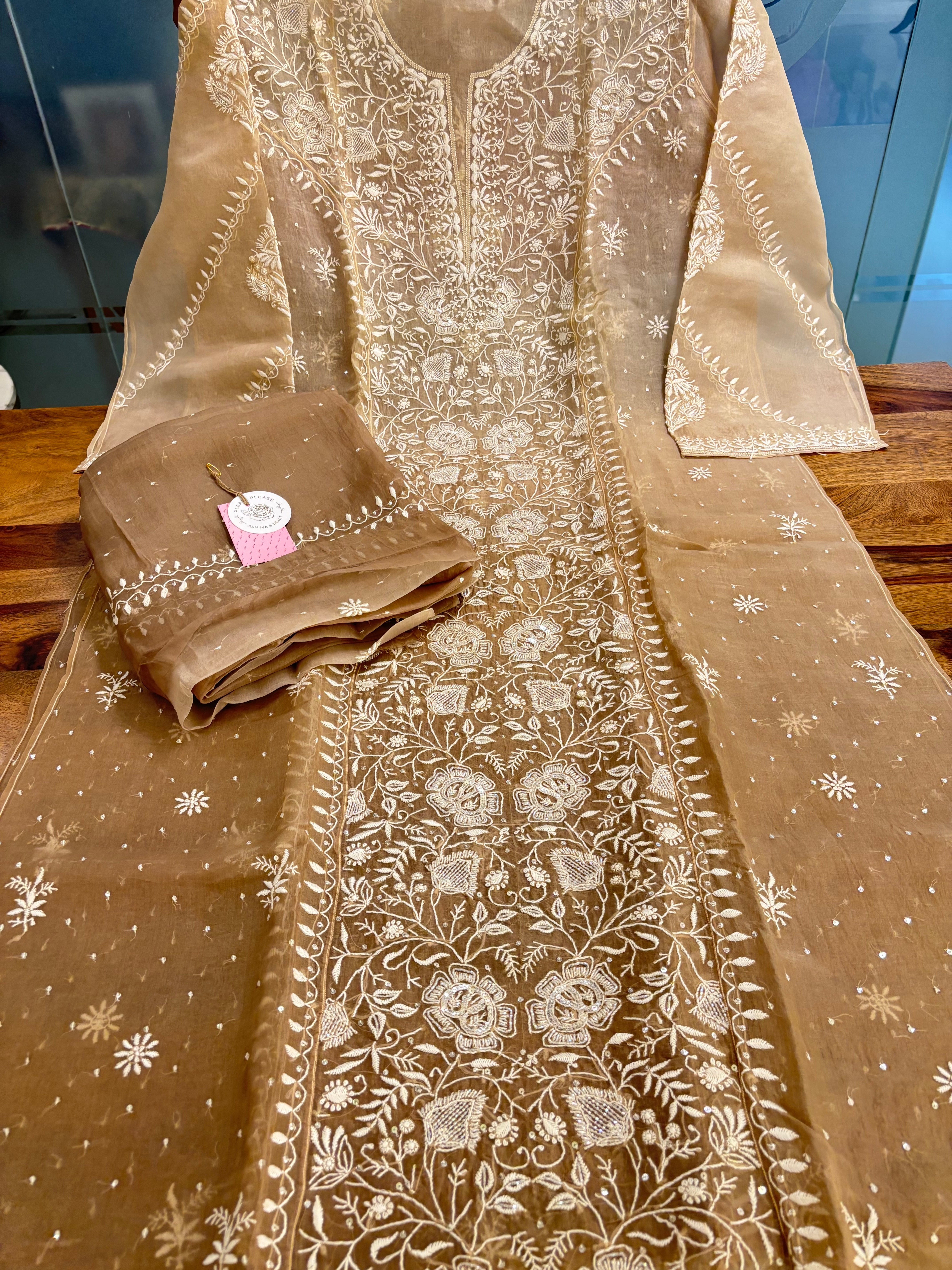 Brown Ombré Organza Silk Chikankari Kurta & Dupatta