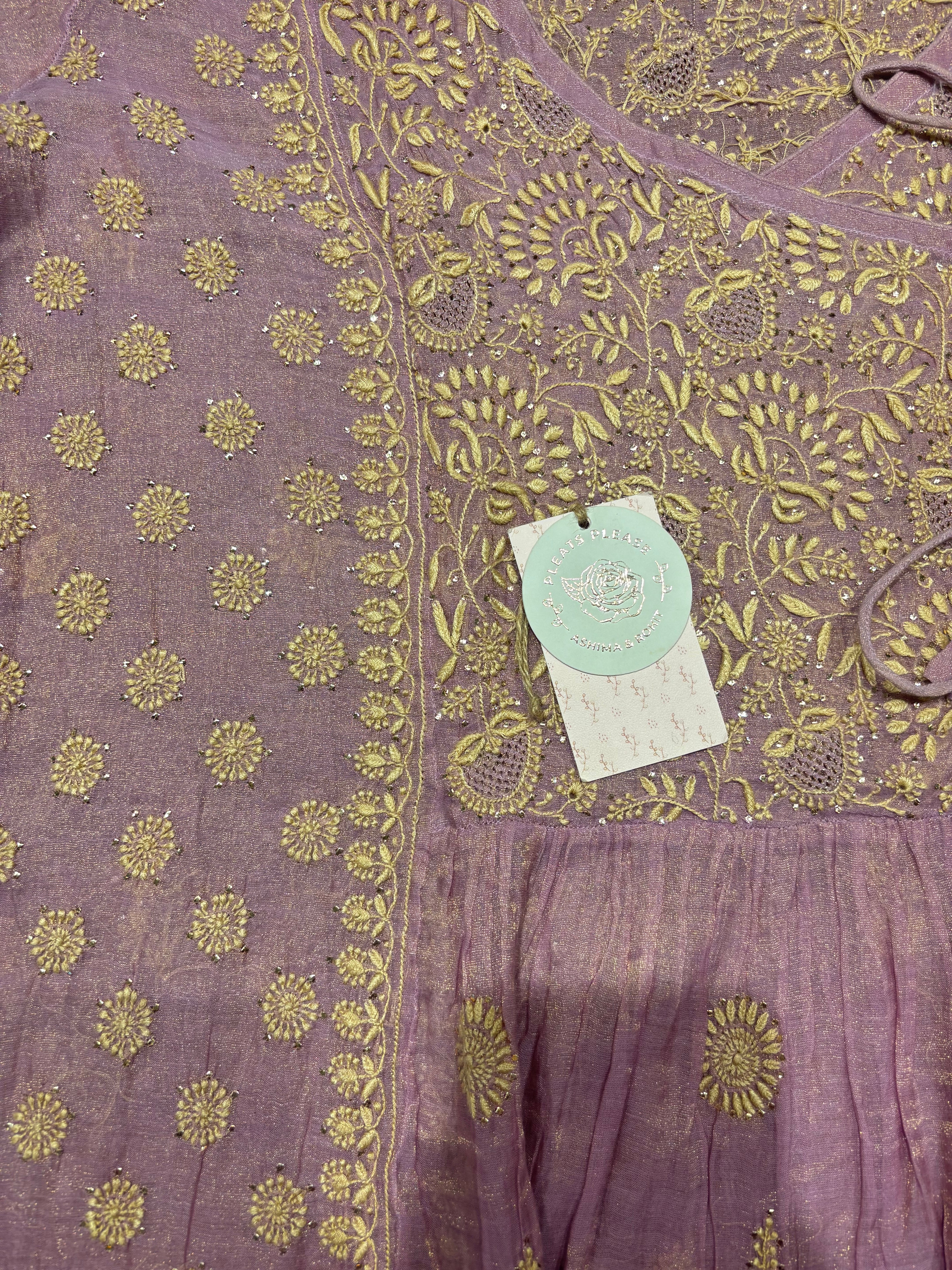 Lilac pure and premium Tissue Chikankari Angrakha Kurta and Dupatta Set