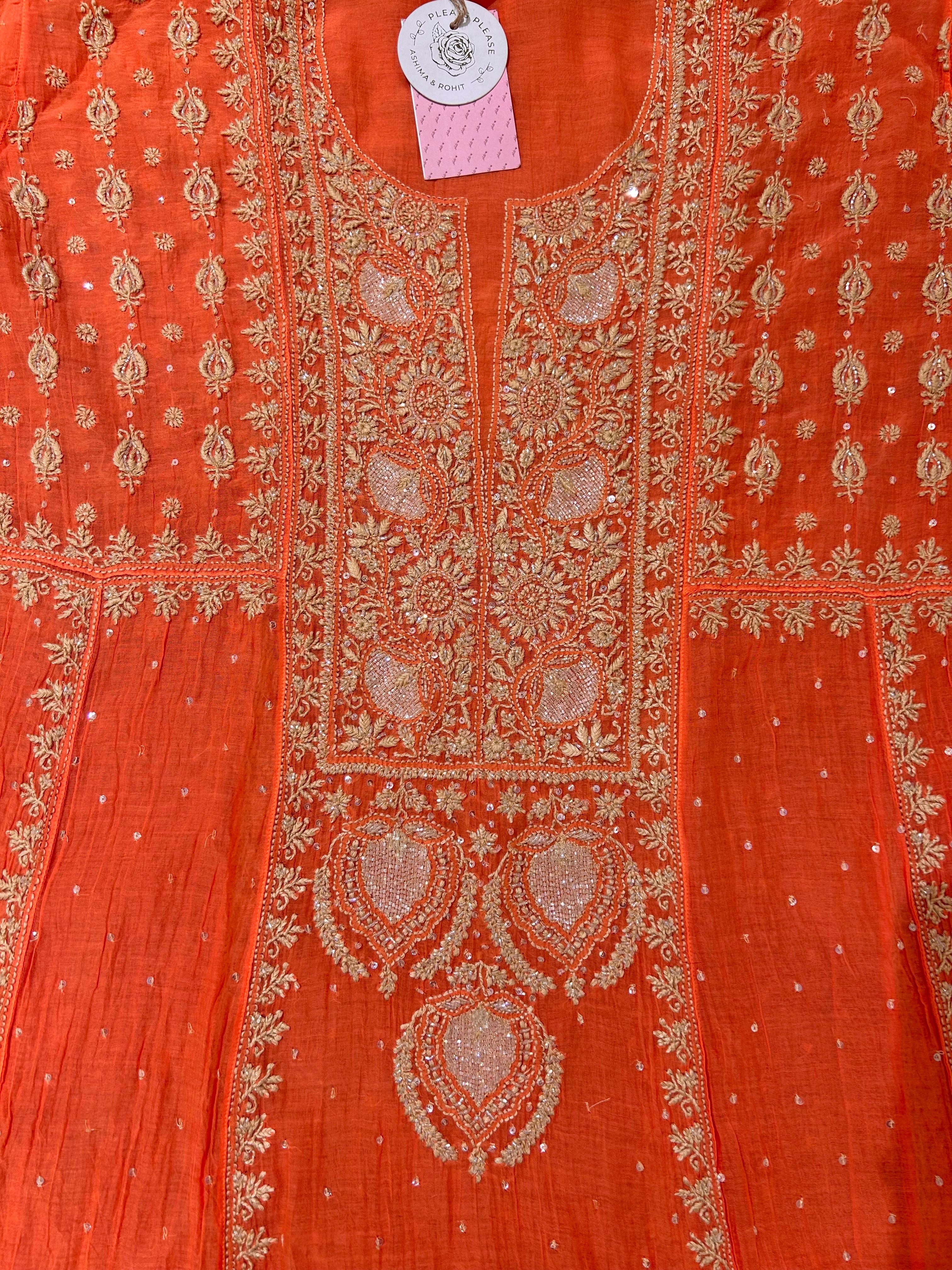 Coral peach Chanderi Chikankari A-line Kurta & Dupatta