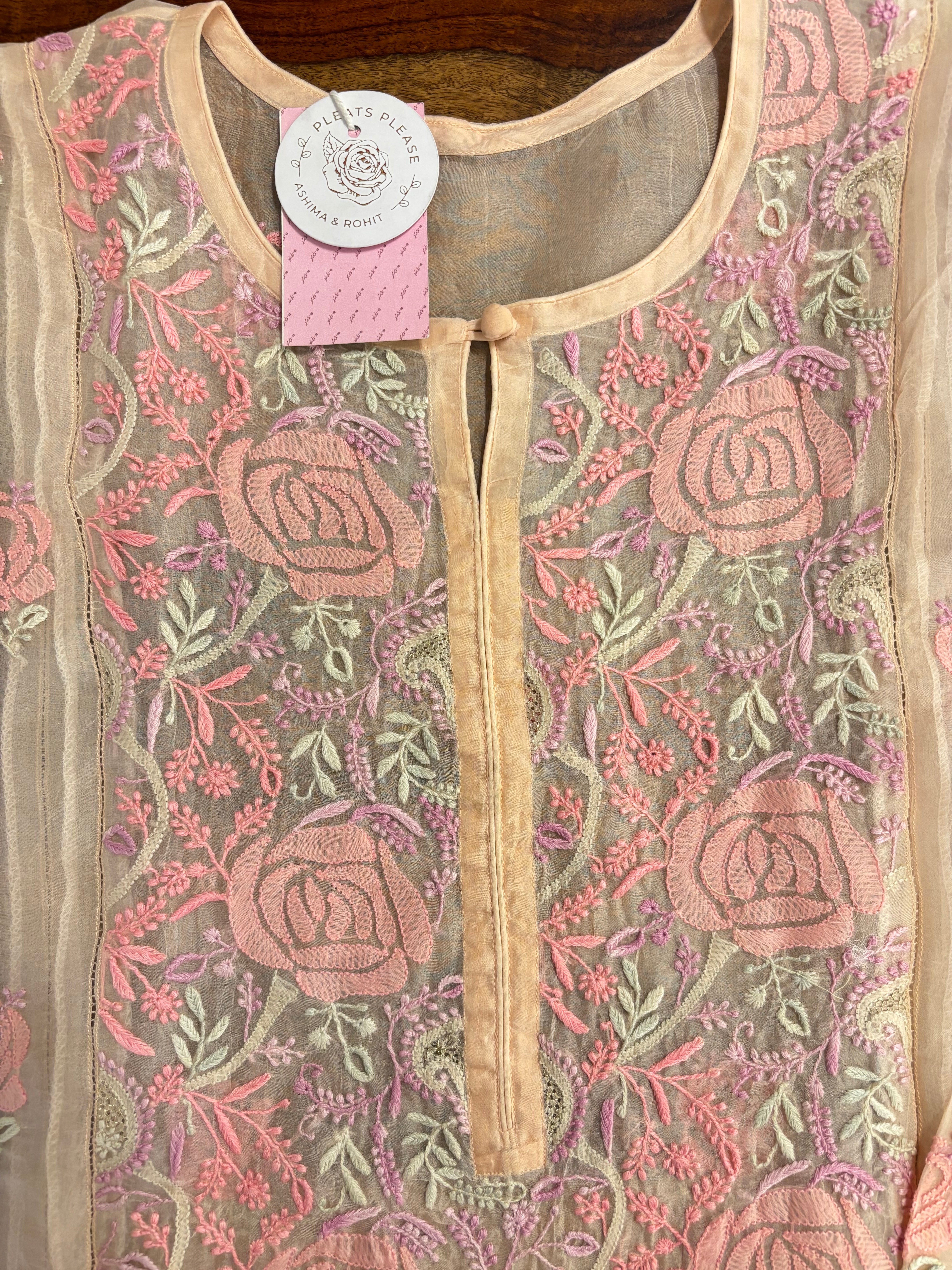 Powder Peach Organza Chikankari Kurta & Dupatta