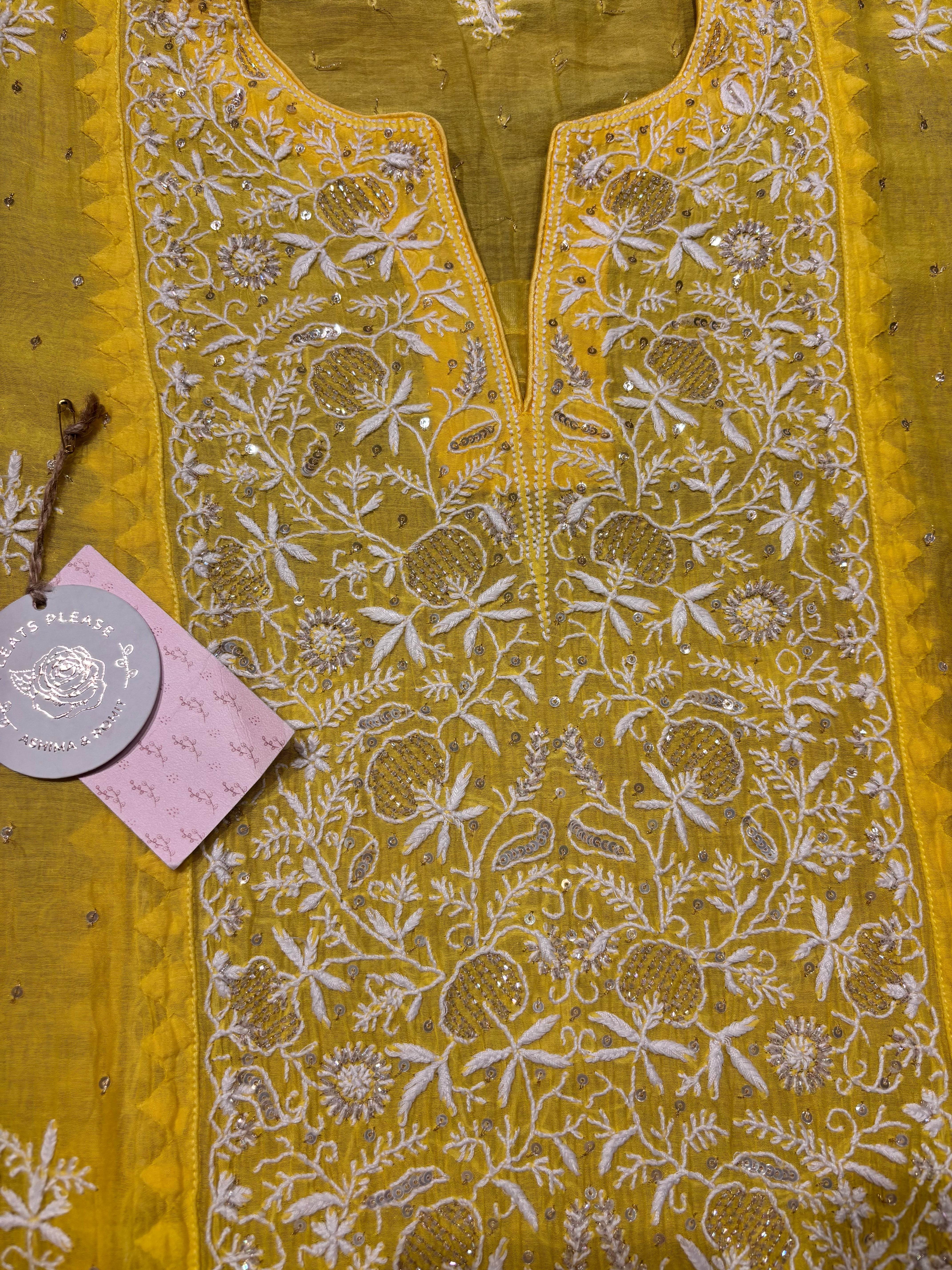 Yellow Chanderi Mul Chikankari Kurta and Dupatta set