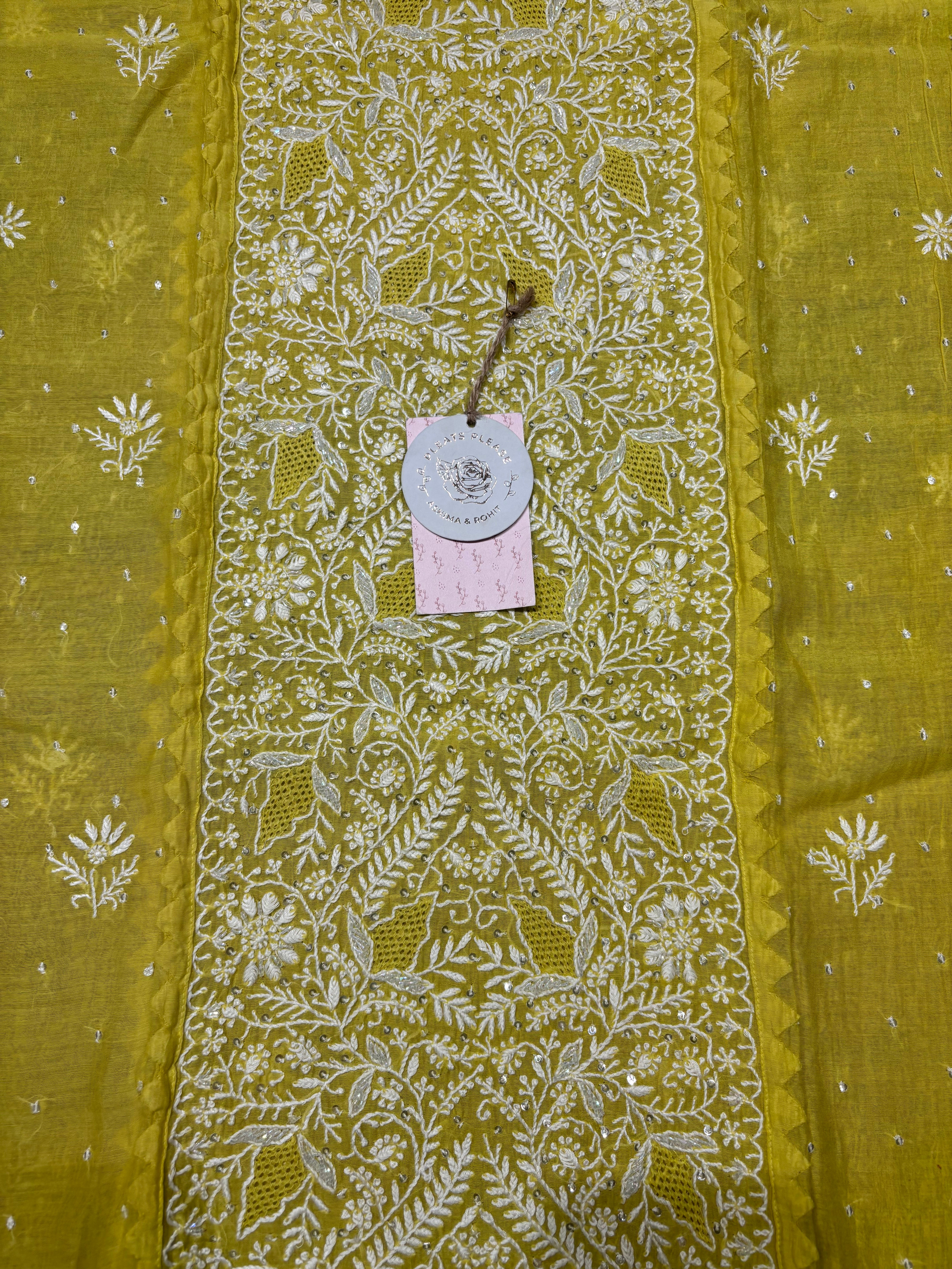 Lime Yellow Chanderi Mul Chikankari Kurta and Dupatta set