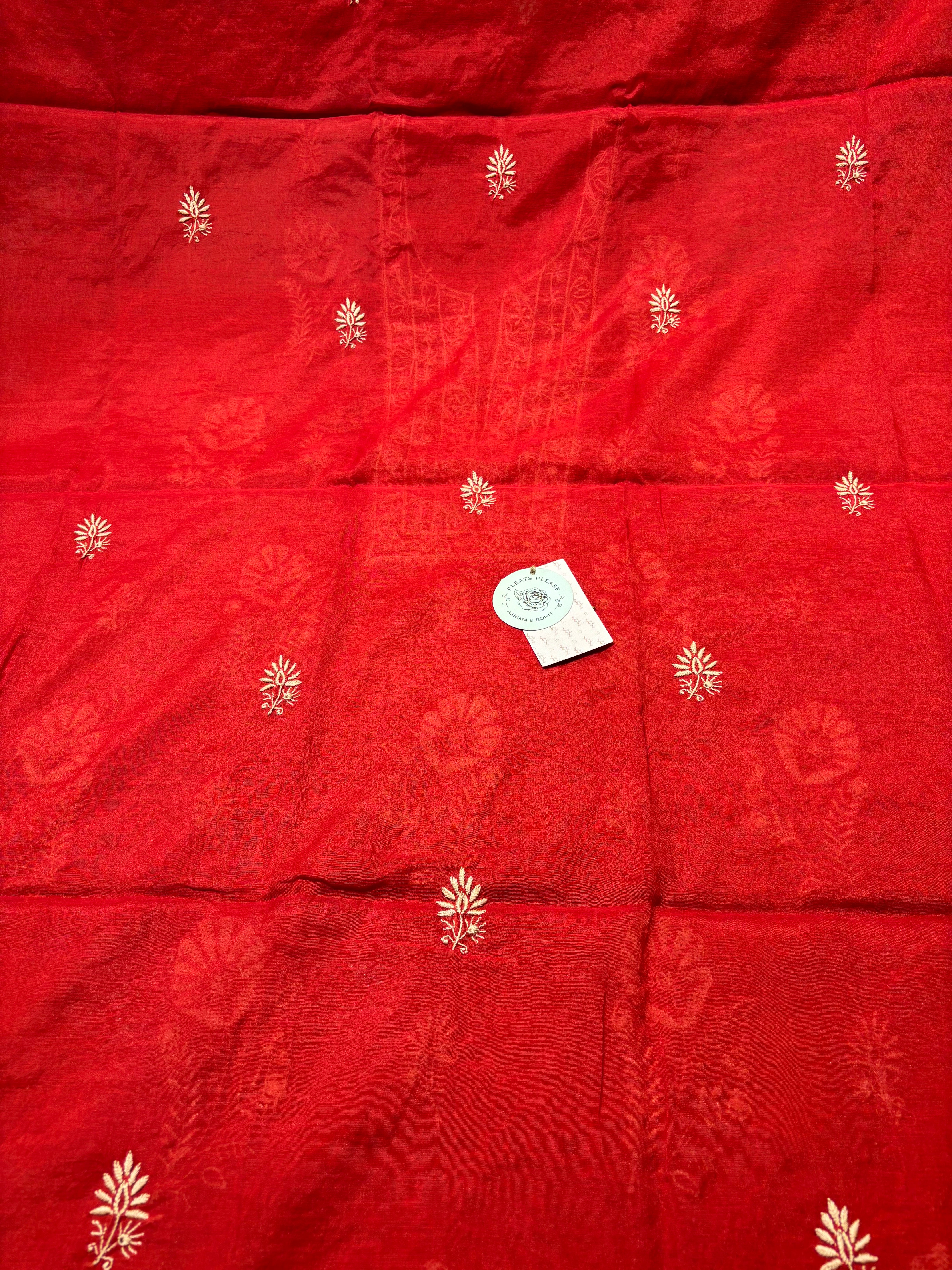 Red Chanderi Silk Chikankari Kurta And Dupatta Set